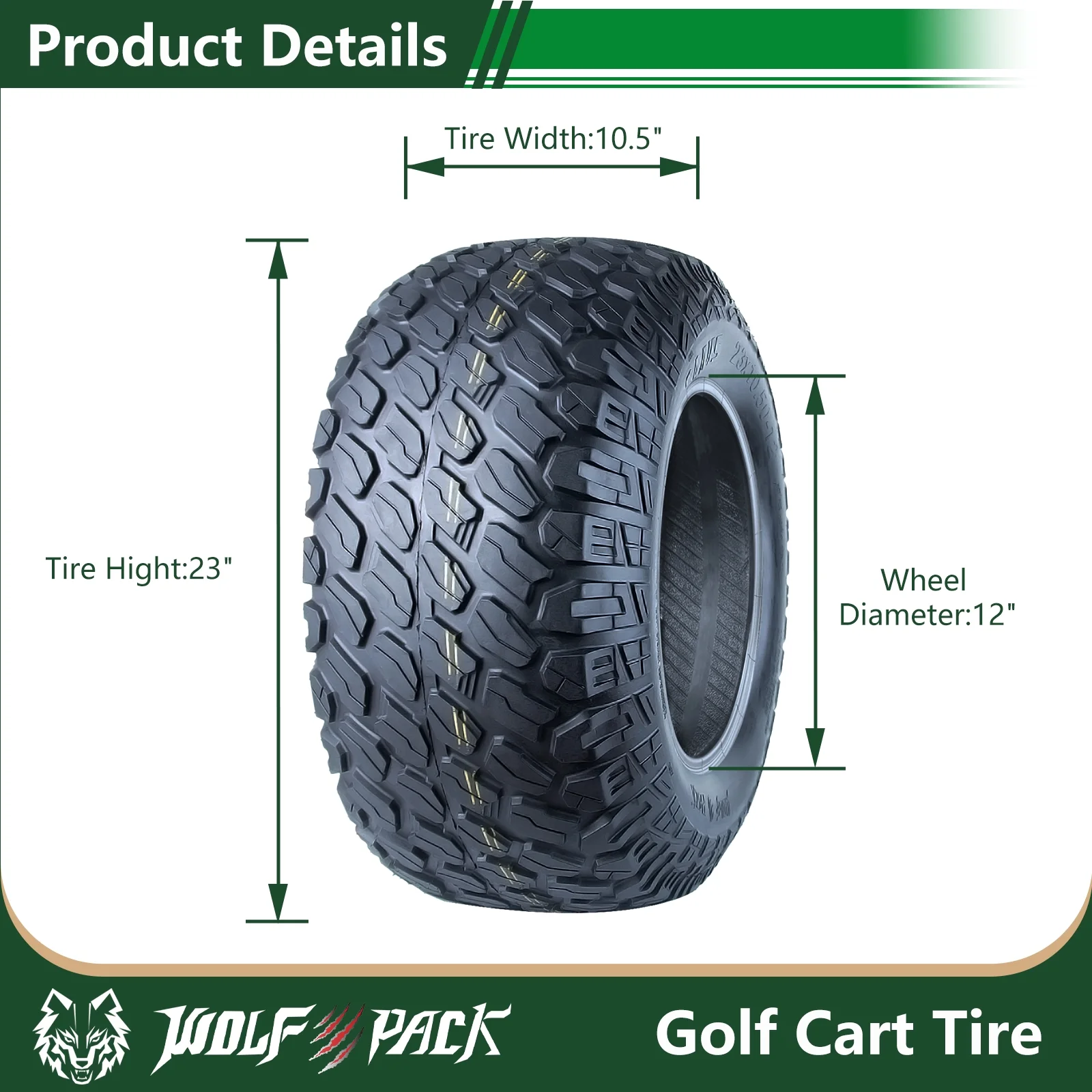 Set 4 WOLF PACK 23X10.5 - 12 Golf Cart Tires Non - Directional Tubeless Tire Multi - Terrain Tire with Superior Traction and Mud - Resistant Self - Cleaning Tread Design for Long - Lasting Performance