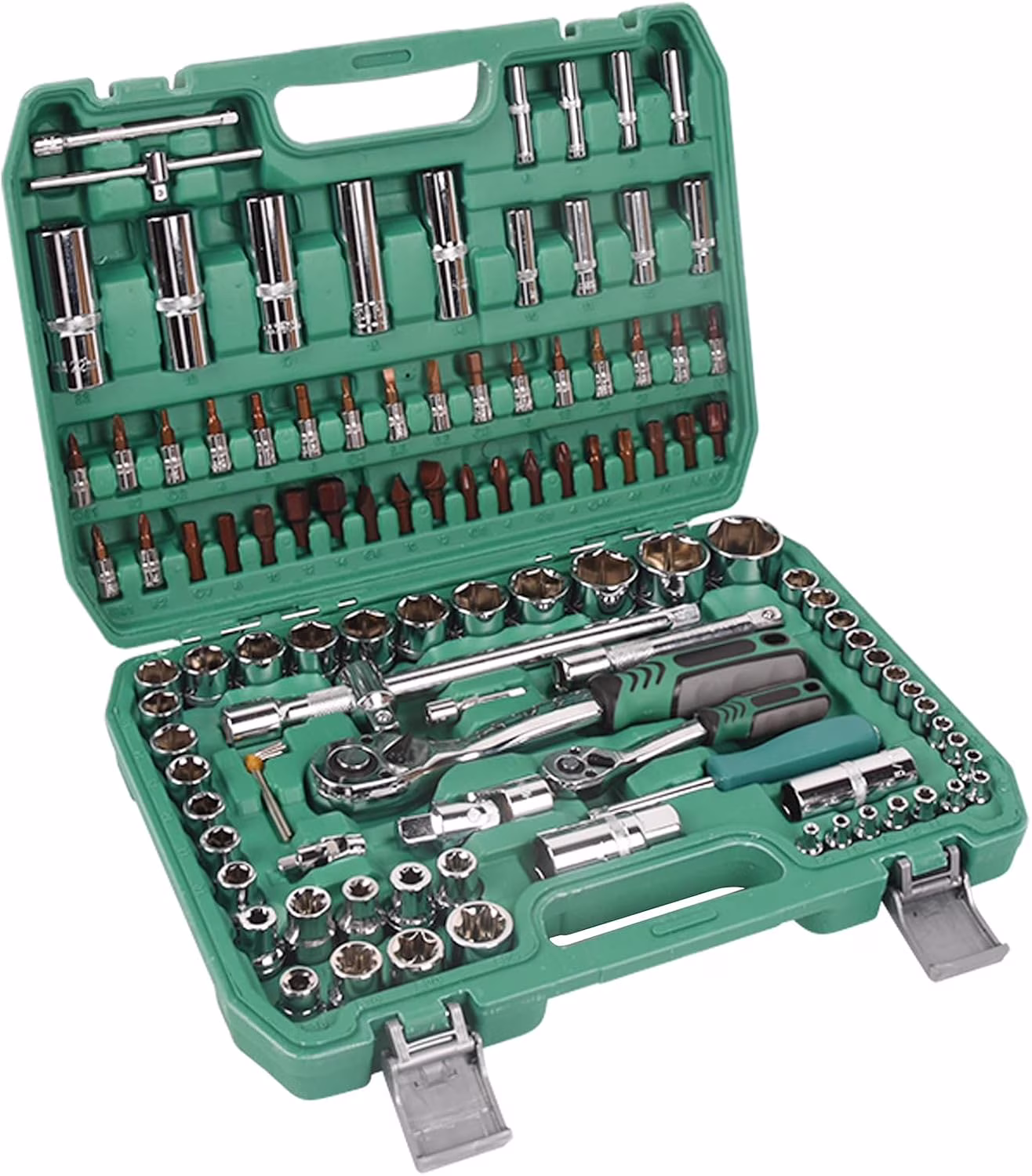 108pcs 1/2 1/4 Socket and Drive Tool Set Mechanics Tools Kit Sockets Ratchet Wrench Set Metric Drive Socket Set, 1/2 1/4 Drive Sizes with Plastic Toolbox