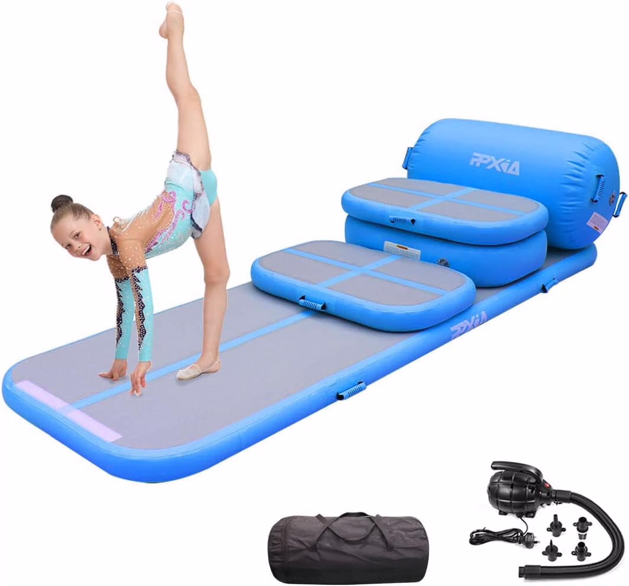 Gymnastics Mat Set 10FT Inflatable Tumbling Mat, 39*24 inch Air Roller Gymnastics Barrel and 3 Air Block with 800W Air Pump for Training Cheerleading Home Use Yoga and Water Use(Blue-5PCS)
