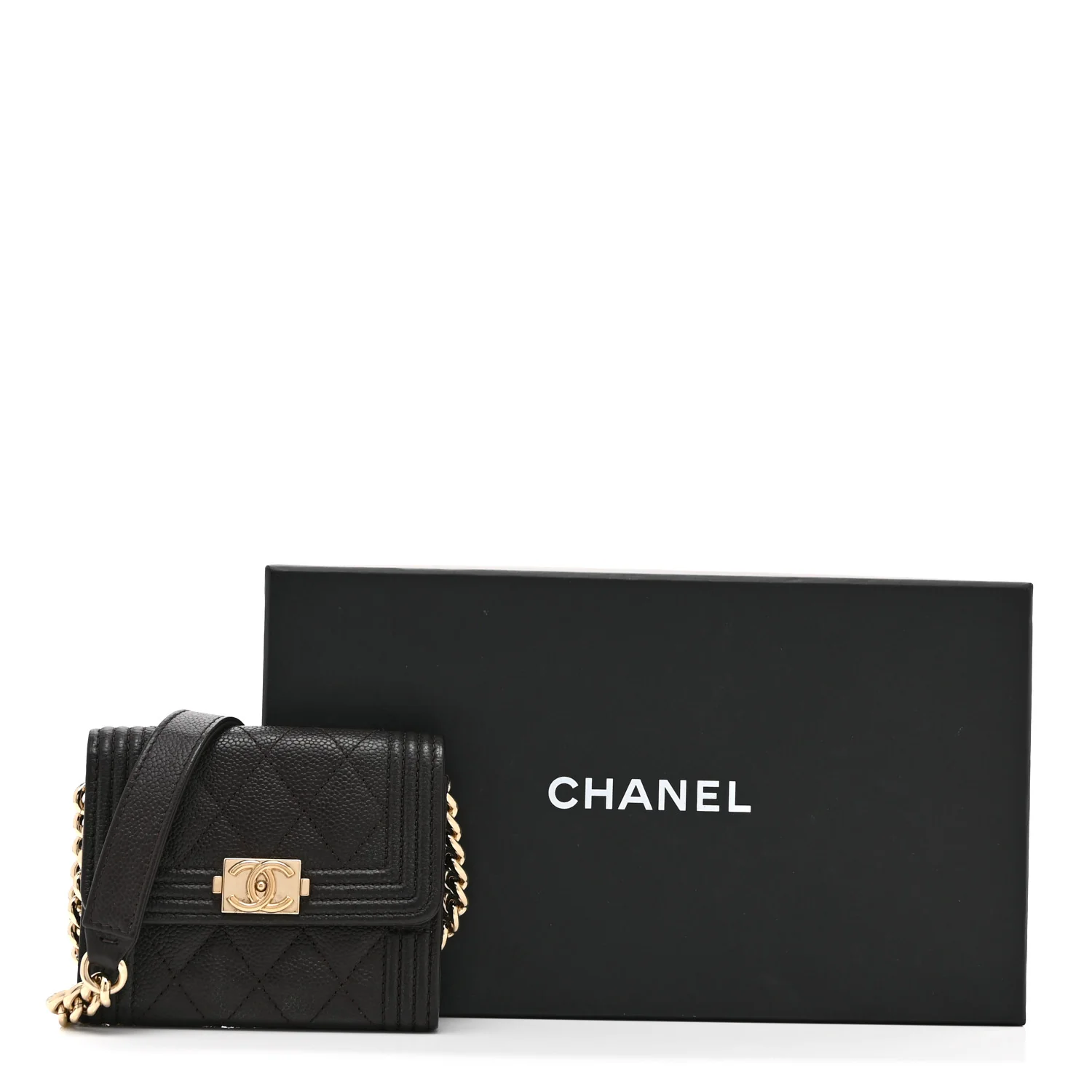 Caviar Quilted Boy Card Holder On Chain Black