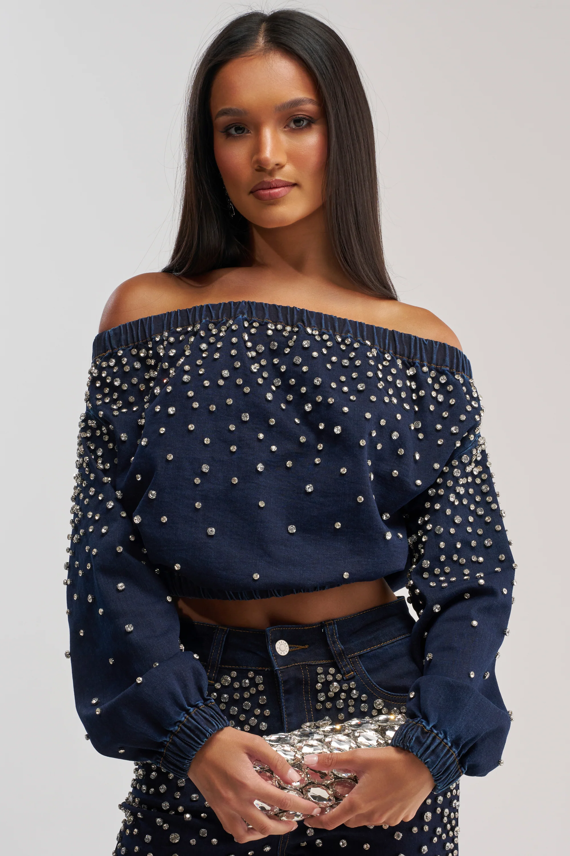 SPARKLE SPARKLE EMBELLISHED DENIM SWEATSHIRT - Akira Store
