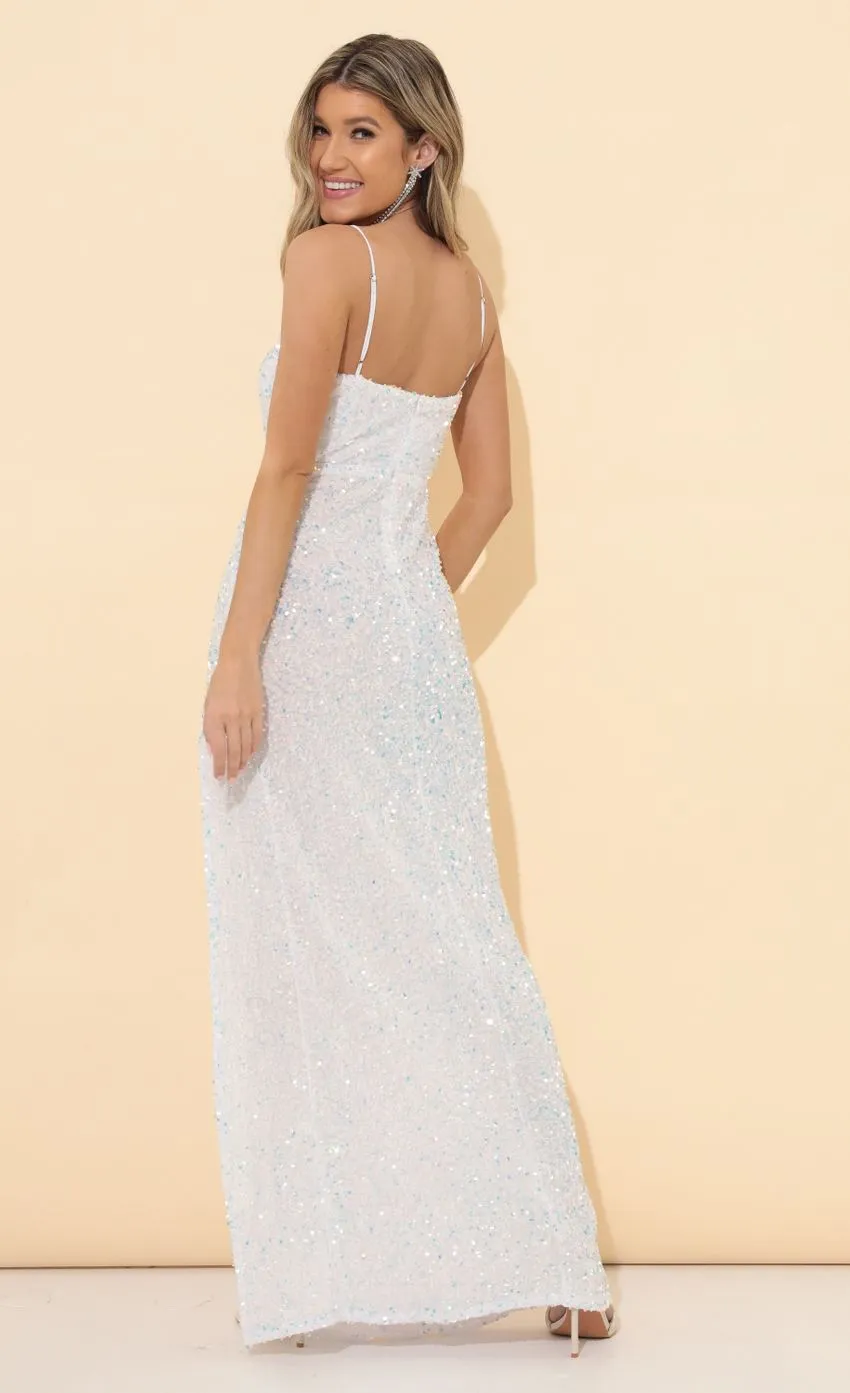 Velvet Sequin Maxi Dress in White Iridescent