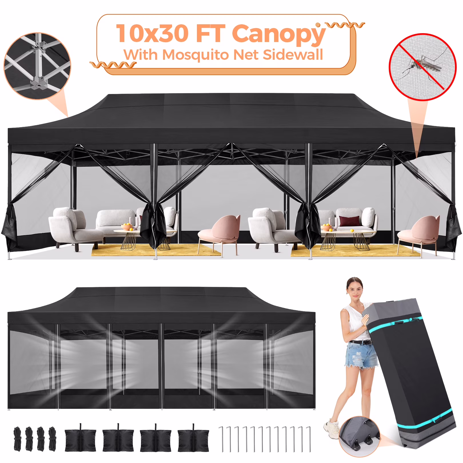 SANOPY 10x30 FT Pop Up Canopy with Removable 8 Piece Mesh Sidewalls, Outdoor Mosquito Resistant Garden Canopy, Large Waterproof Timely Party Tent with 4 Sandbags & Roller Bag, Black