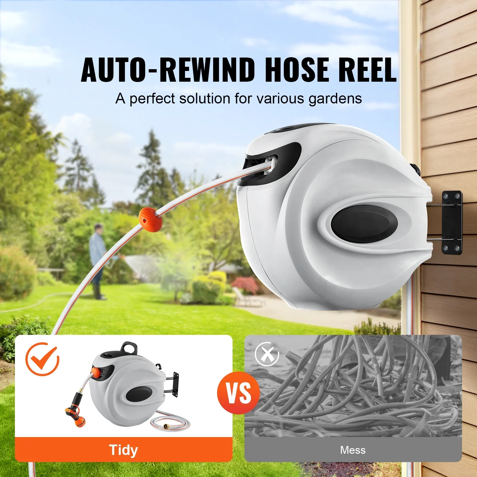 BENTISM Retractable Hose Reel, 115 ft x 1/2 inch, 180�� Swivel Bracket Wall-Mounted, Garden Water Hose Reel with 9-Pattern Nozzle, Automatic Rewind, Lock at Any Length, and Slow Return System
