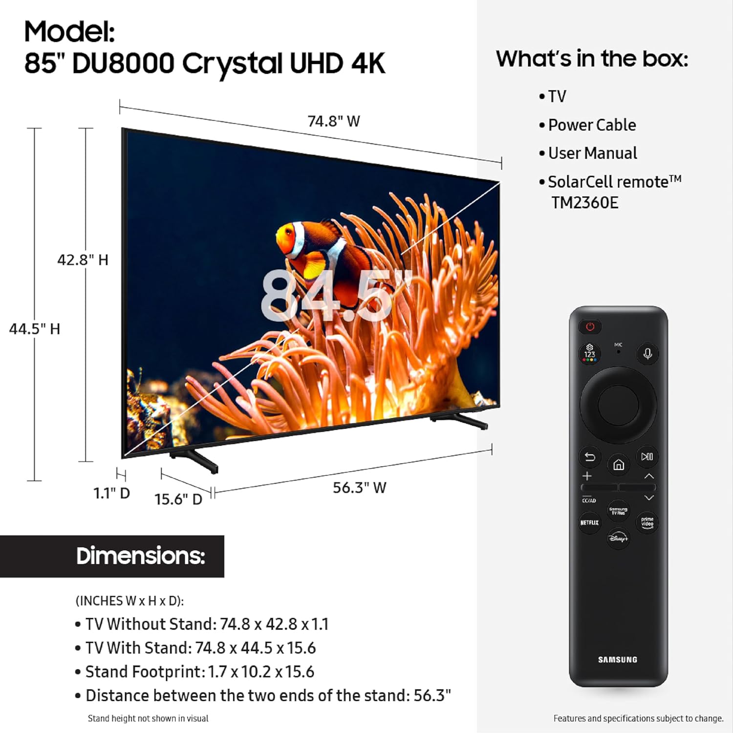 Samsung 85-Inch Class 4K Crystal UHD DU8000 Series HDR Smart TV w/Object Tracking Sound Lite  Motion Xcelerator 120Hz  Ultra Slim Design  Gaming Hub  Alexa Built-in (UN85DU8000  2024 Model)