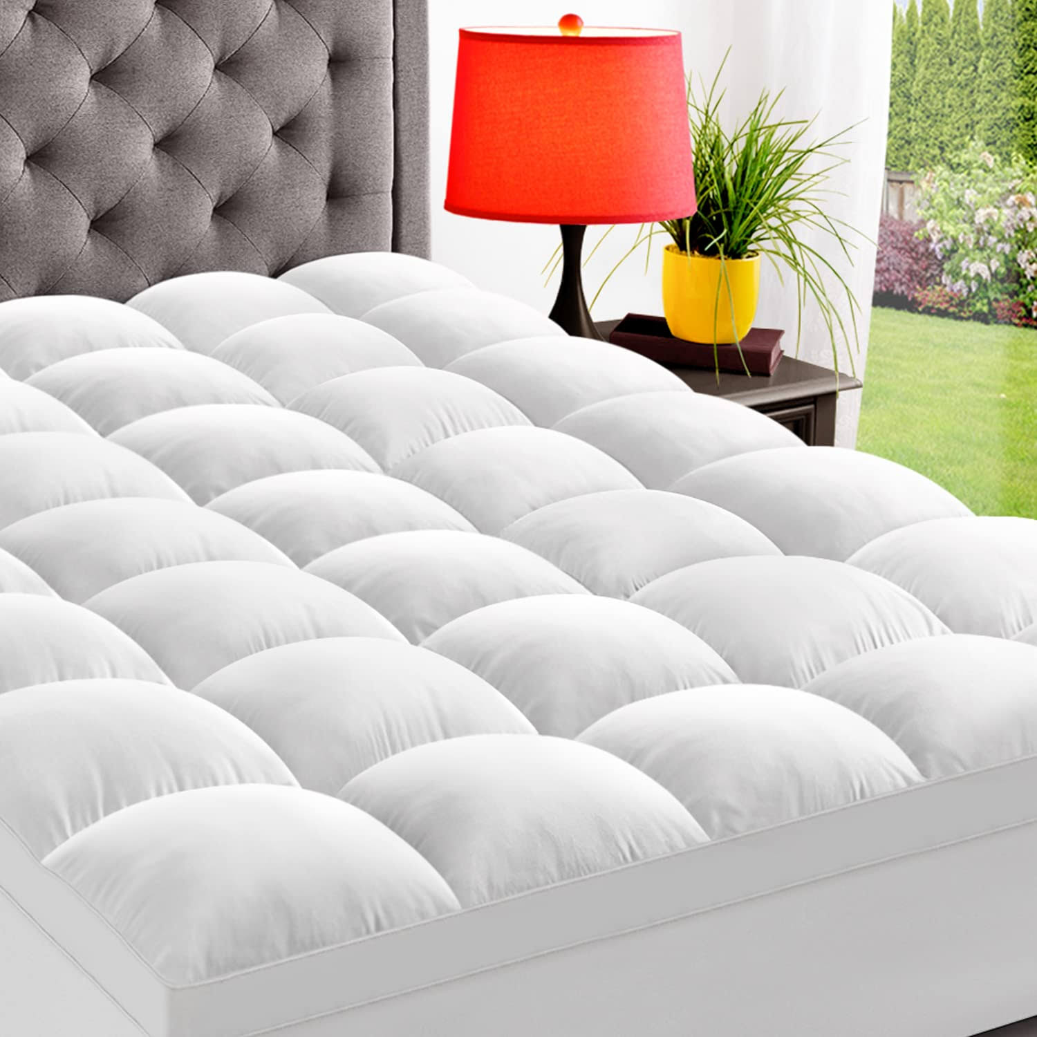 ELEMUSE Queen Cooling Mattress Topper for Back Pain, Extra Thick Mattress Pad Cover, Plush Soft Pillowtop with Elastic Deep Pocket, Overfilled Down