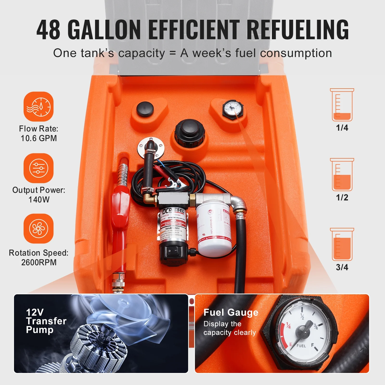 Mobile Diesel Container, 48 Gal Capacity, 10.6GPM Pump Speed, Includes 12V Electric Pump, 13.1 ft Hose Automatic Nozzle, Orange Diesel Fuel Tank for Smooth Transport - Image 8