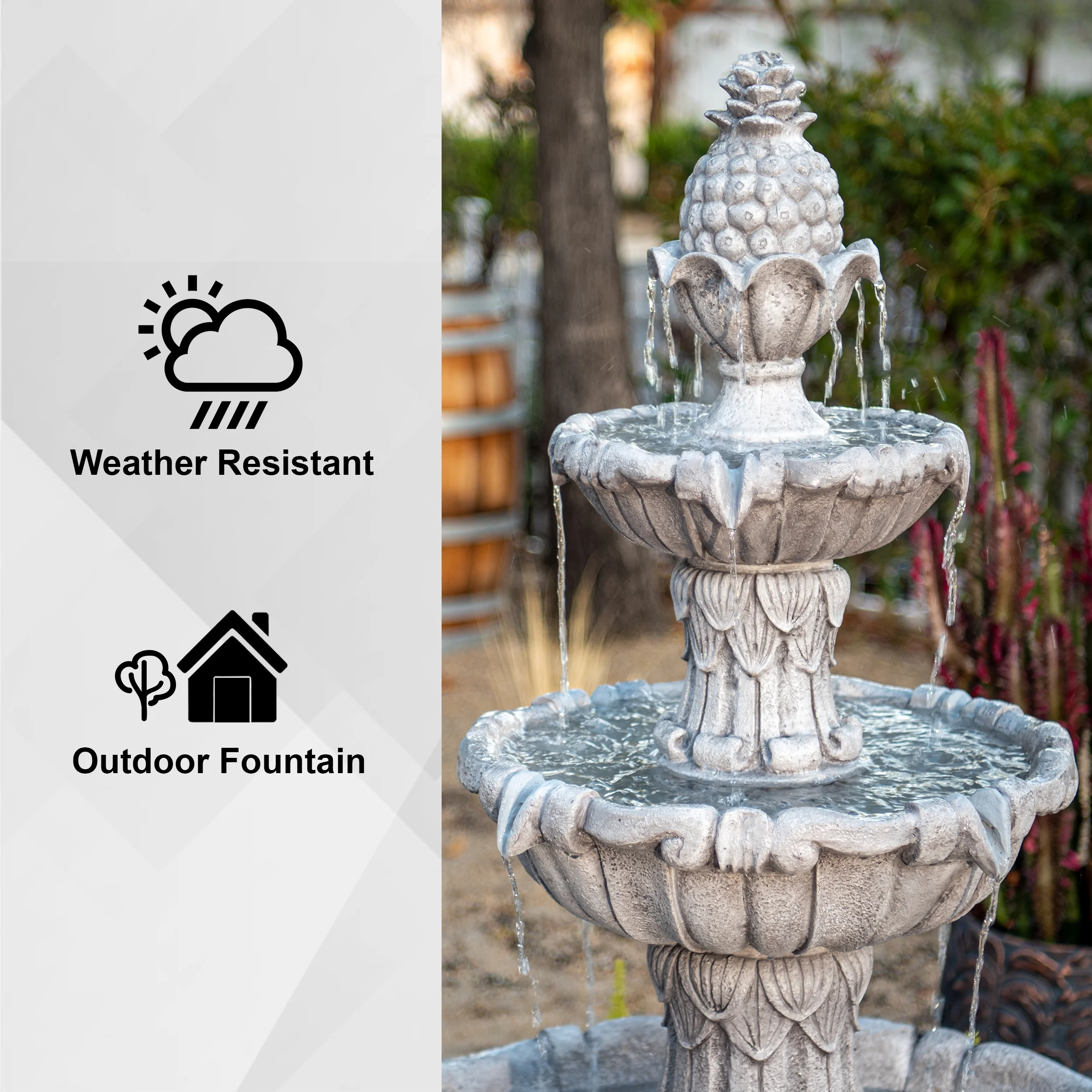 58 3" 3 Tier Outdoor Freestanding Water Fountain Classic Leaf Design, Gray Resin, Large Bird Bath with Pump Ideal for Yard, Lawn and Garden, Porch Décor Image 7