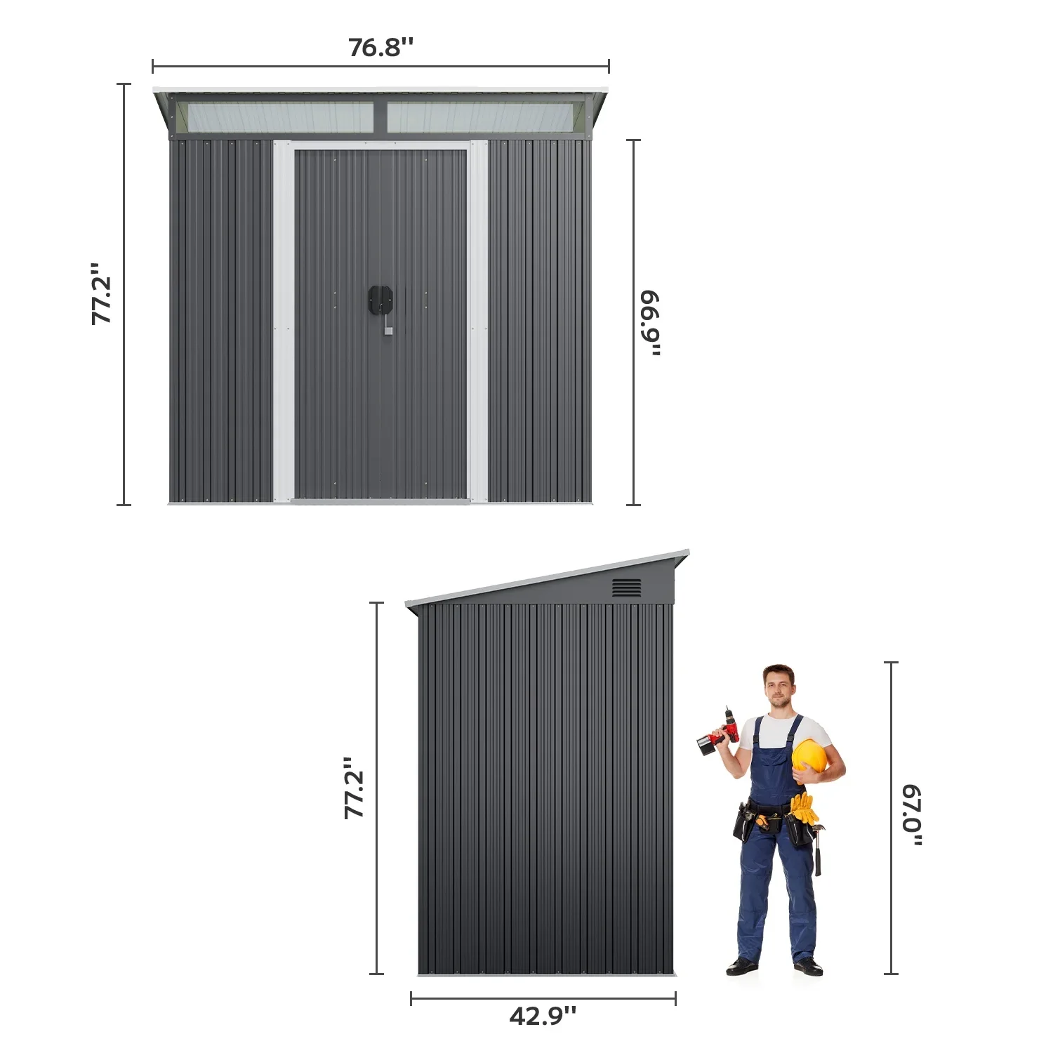 6'x4'ft Metal Shed , Asofer Outdoor Storage Shed with Transparent Panel Window for Garden, Dark Gray