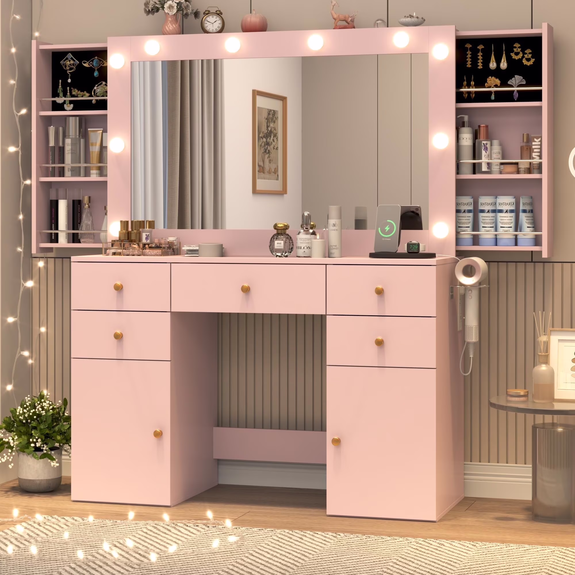 White Vanity Desk with Large Lighted Mirror Power Outlet, Makeup Vanity Table with Glass Top Drawers, Sliding Storage, 44.1" Large Makeup Vanity Table for Women Girls, White(White) - Image 5
