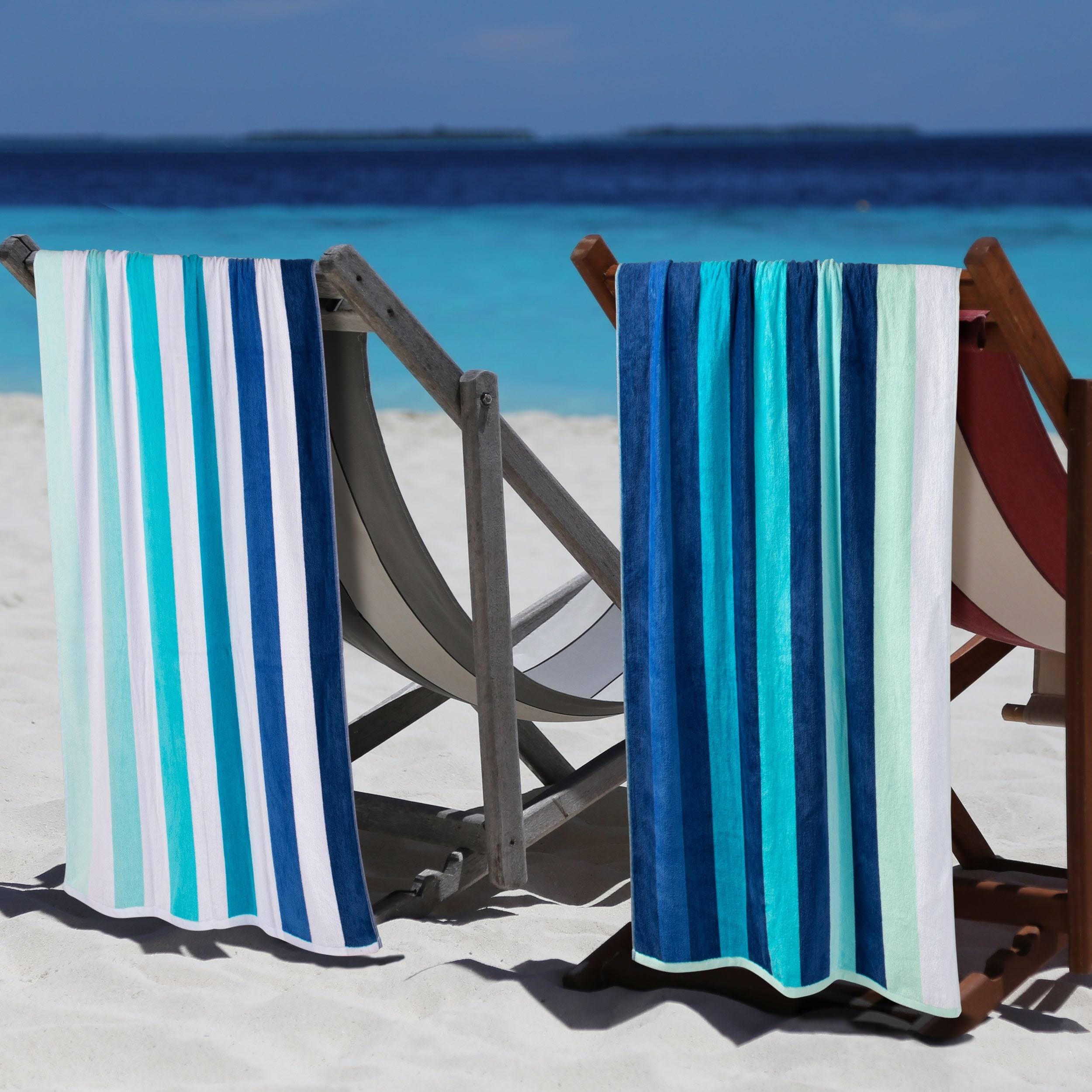 Superior Egyptian Cotton Coastal Blues Striped Beach Towel (Set of 2) - White-Blue