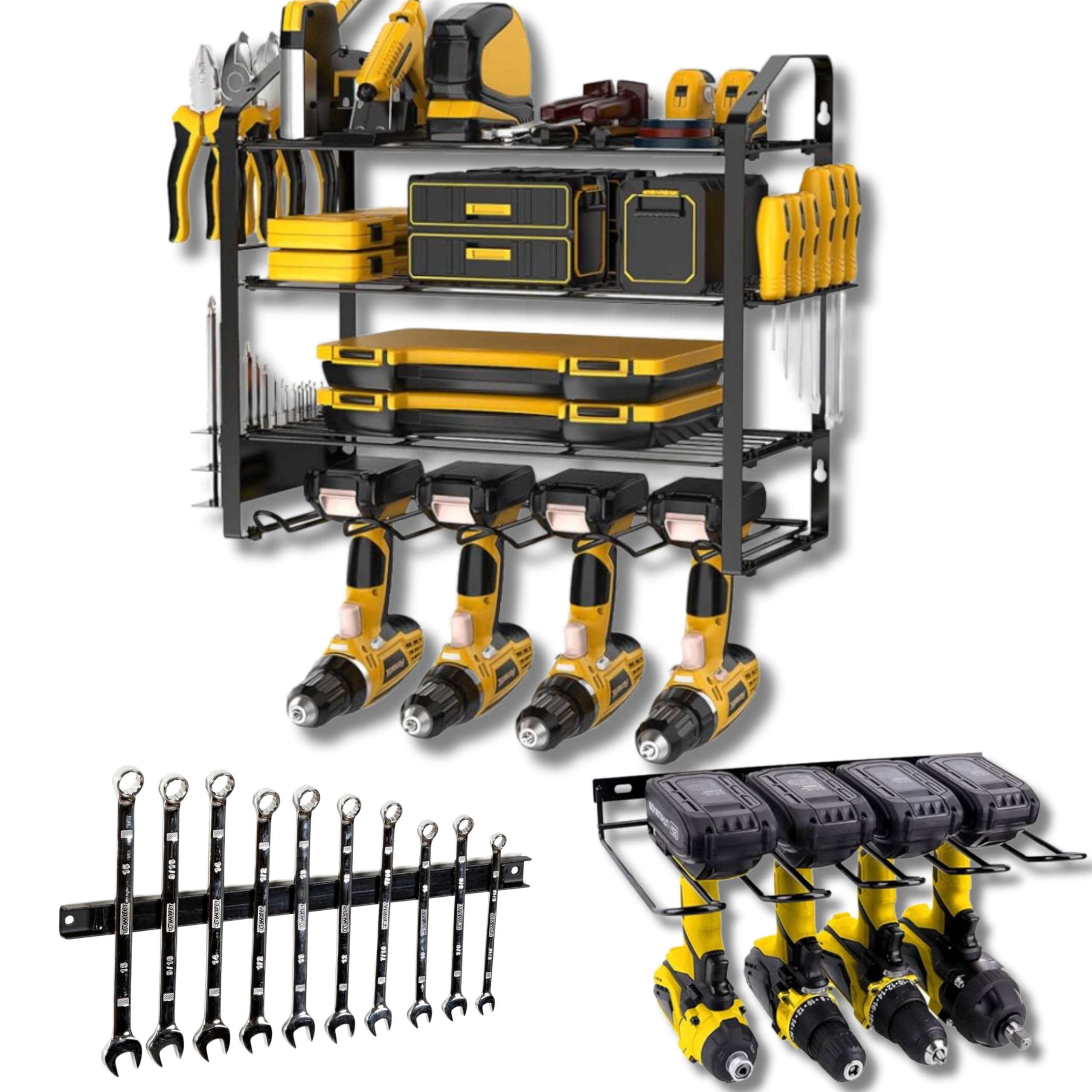 Pack of 3 Tool Organizer Set - 4 Tier Power Tool Organizer Rack Plus A Garden Tool Wall-Mounted Organizer Rack Plus A Heavy Duty Magnet Organizing