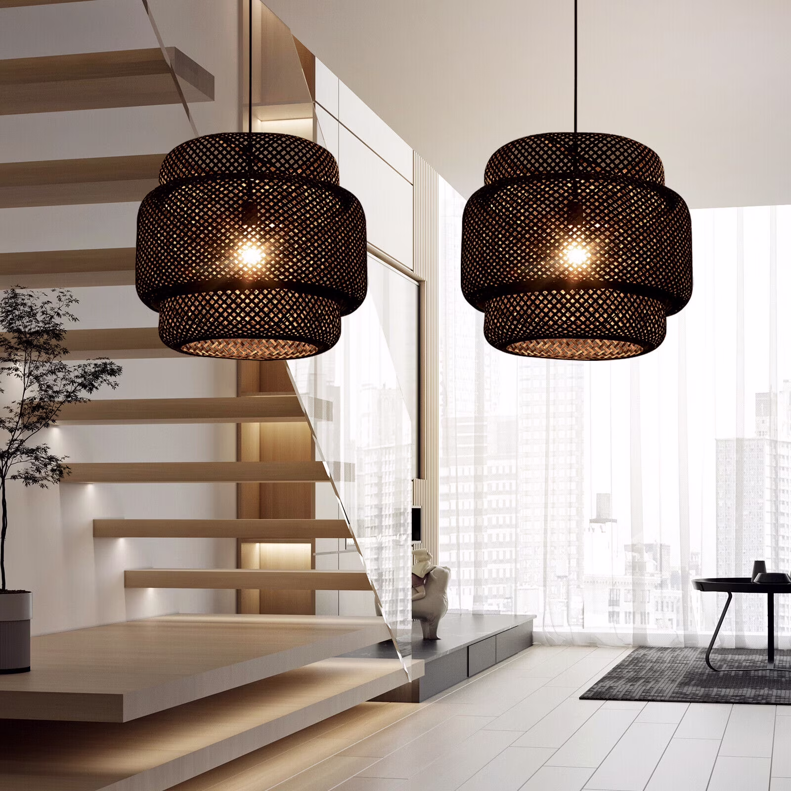 Arturesthome Vintage Chandelie Bamboo Woven Pendant Light Hanging Ceiling Lamp Decor Black