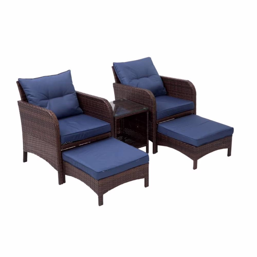 5 Piece Balcony Furniture Patio Set with Ottoman,PE Rattan Wicker Furniture Set with Table,Conversation Outdoor Lawn Chairs with Footrest for Lawn Garden,Porch (Blue)