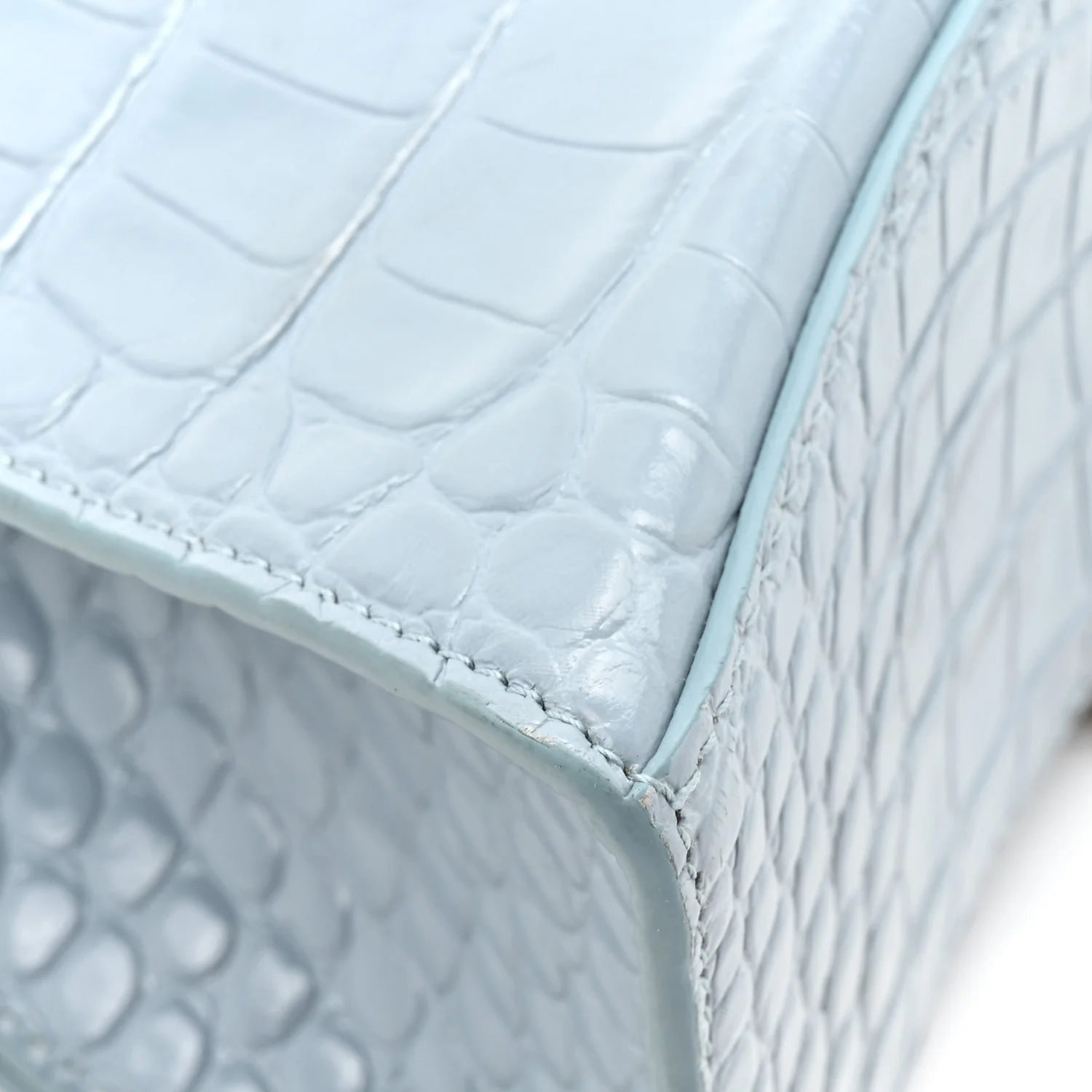 Shiny Calfskin Crocodile Embossed Small Hourglass Top Handle Bag Blue Grey