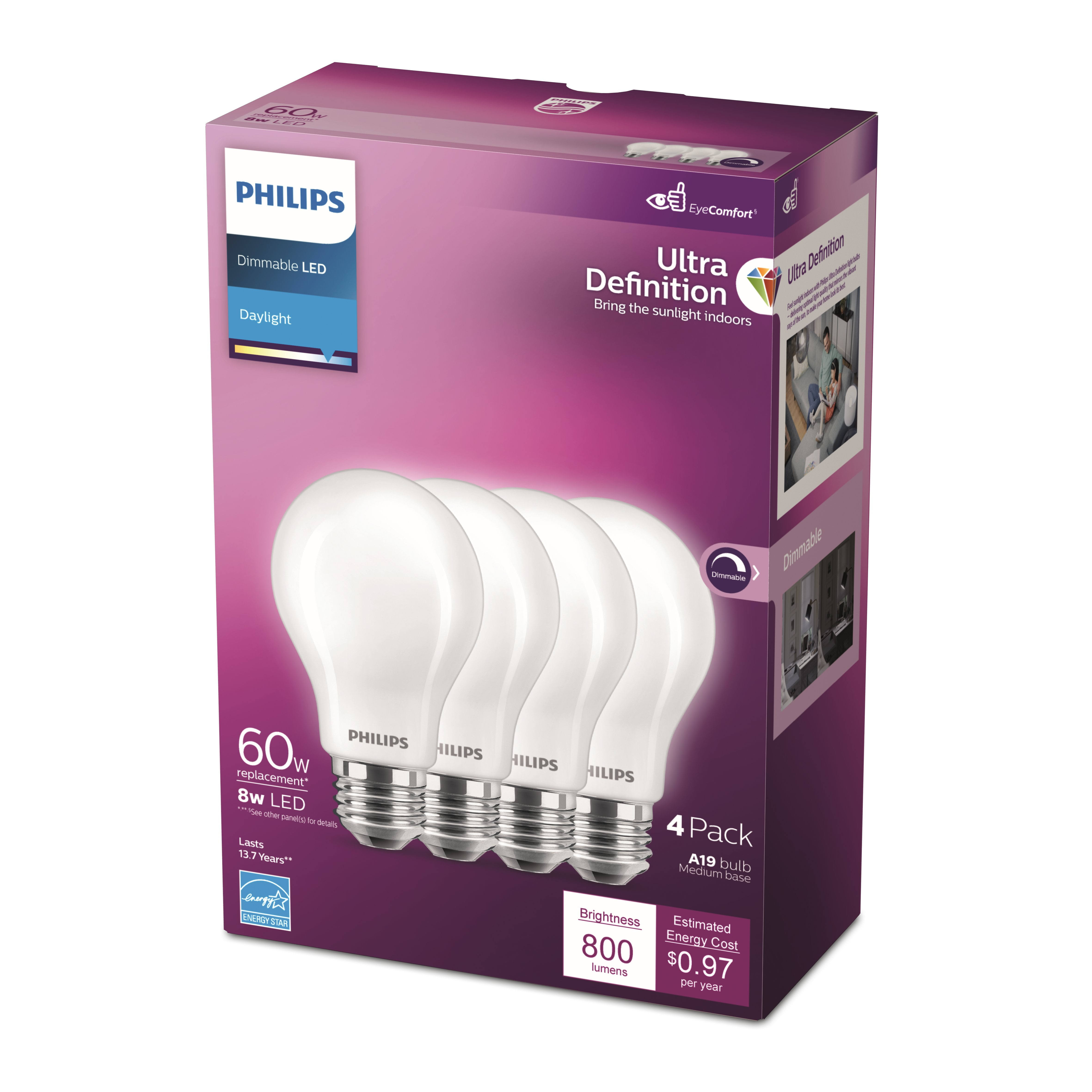 Philips 60-Watt Equivalent A19 Ultra Definition Dimmable E26 LED Light Bulb Daylight 5000K (4-Pack)