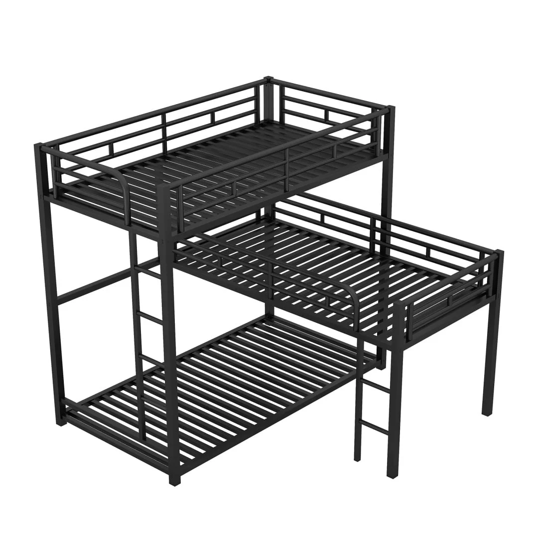 L Shaped Triple Bunk Bed for 3, Metal Triple Twin Size Bunk Beds Frame with Integrated ladder and Full-length Guardrails, Corner Triple Bunk Beds for Kids,Teens and Adults, Black - Image 4