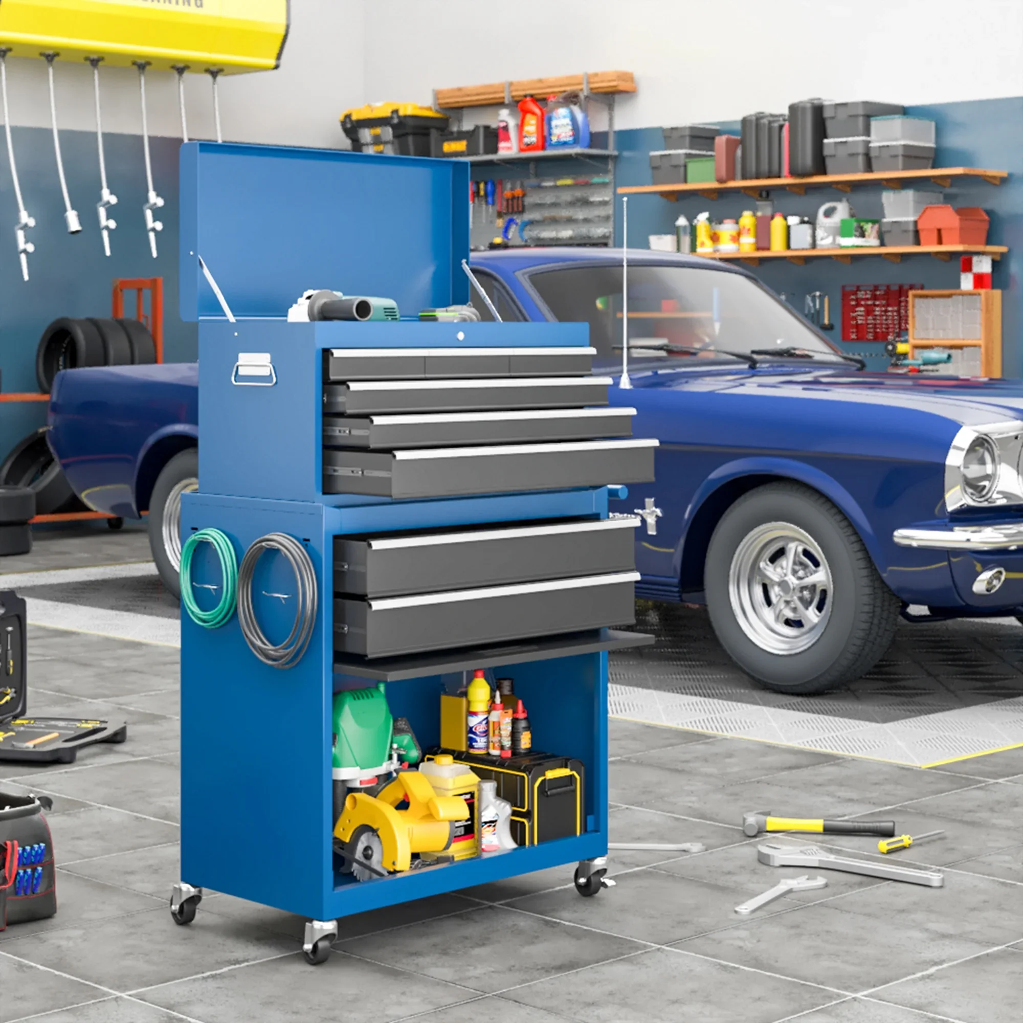 NETAJE Metal Tool Chest, 2 in 1 Steel Rolling Tool Box & Cabinet On Wheels for Garage, Detachable Top Tool Box and Lockable Wheels Metal Tool Cart for Garage, 5-Drawer, Black