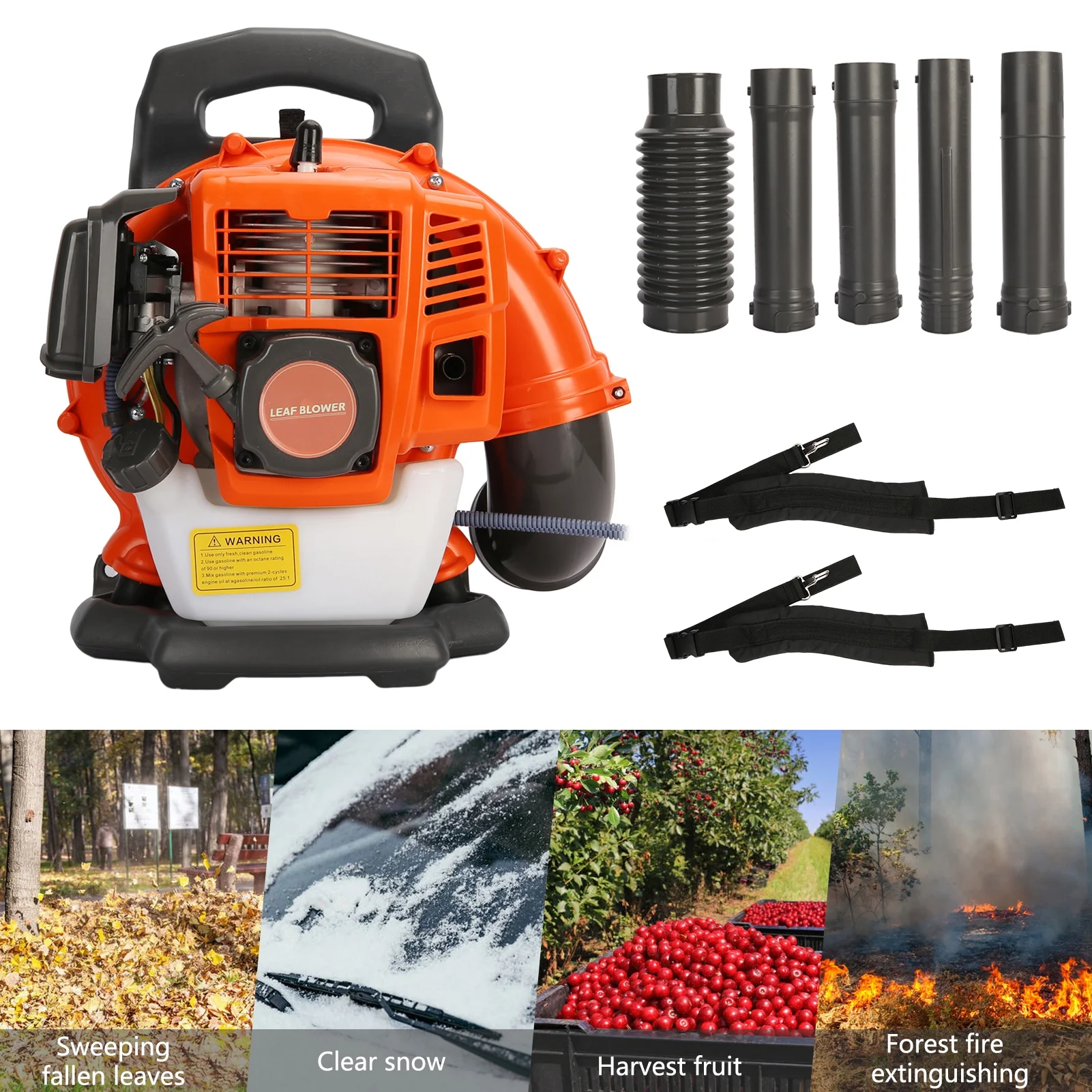 Backpack Snow Blower 52cc 6800r/min 550 CFM Blower with 1 2L Tank, Single cylinder Air cooled Two stroke Strong Wind Force ABS Leaf Blower Gas Powered Dust Blower(Orange Single cylinder) Image 5