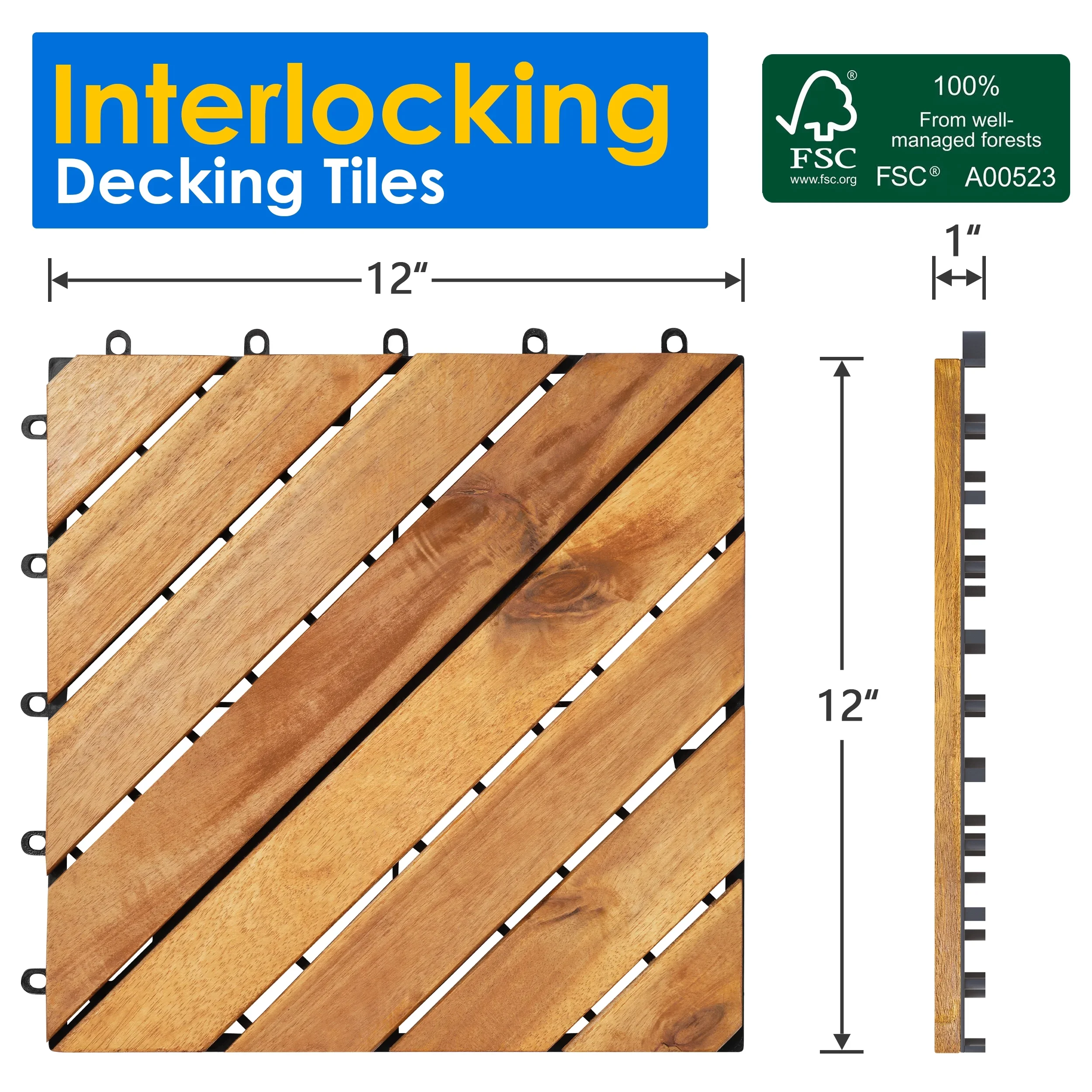 TrumanPick 27PCS Interlocking Wood Flooring Deck Tiles for Patio Garden, 12L x 12W, Brown Diagonal