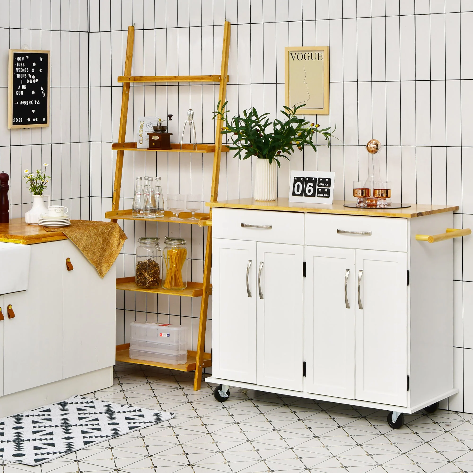 Costway 4-Door Rolling Kitchen Island Cart Buffet Cabinet w/ Towel Racks Drawers White