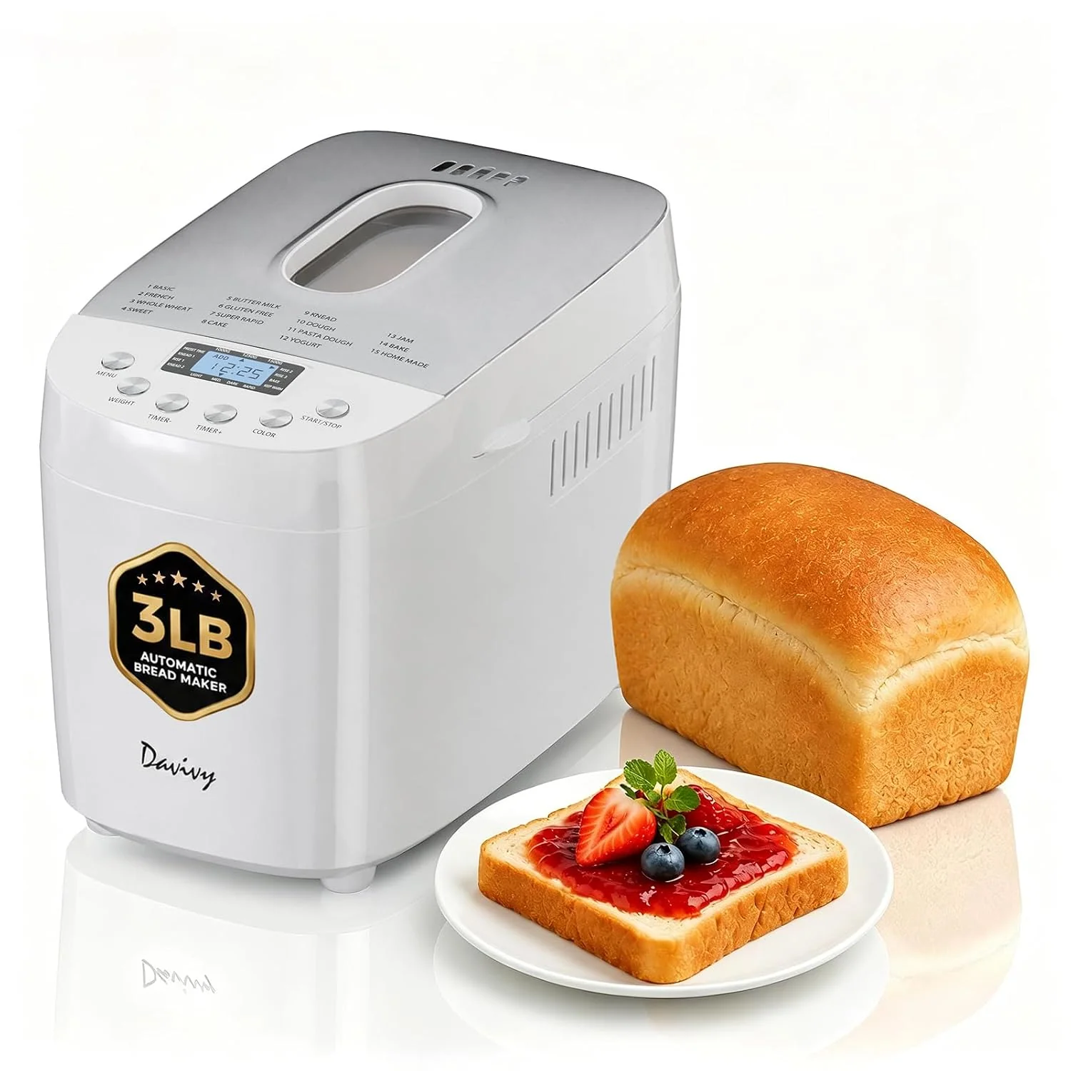 Davivy 3LB Bread Maker, 15 Preset Programs with 4 Quick Mode, 15H Delay Timer & Keep Warm, 3 Loaf Sizes & 3 Crust Shades, Gluten-free, Homemade Bread, Dough, Cake, Yogurt & Jam