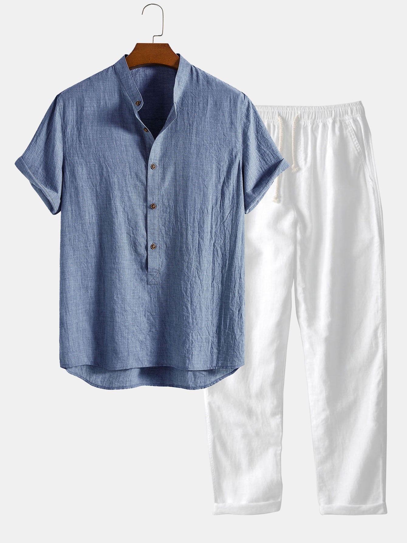 Chemise à manches courtes, demi-boutonnée, col Henley et pantalon droit en lin