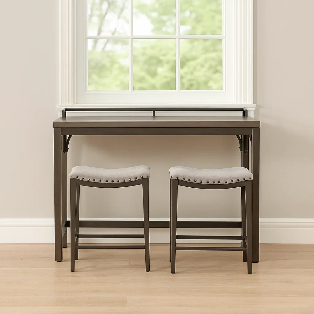 Barbord og skammelst, st med 1 bord og 2 polstrede skamler, lysegr, metal og tr, egnet til indendrs brug