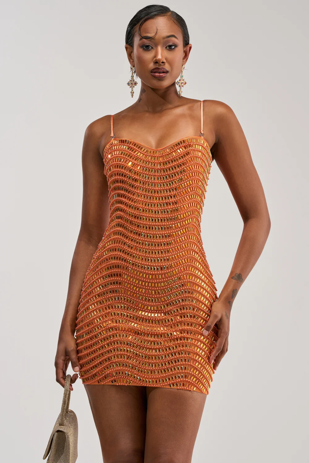 SHINE ON RHINESTONE MINI DRESS IN ORANGE - Akira Store