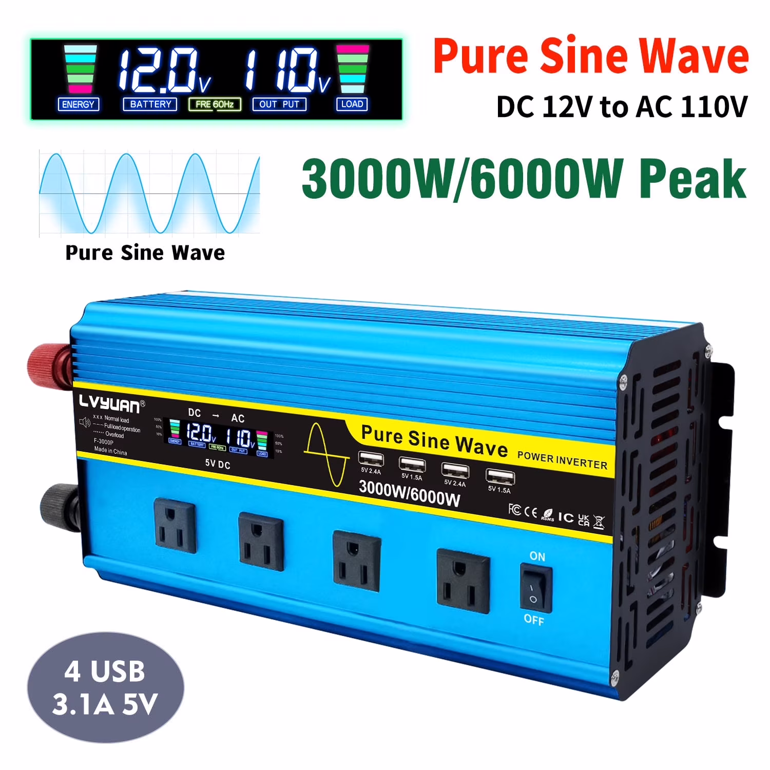 LVYUAN 3000watts Pure Sine Wave Power Inverter DC 12V to AC 110V 120V Converter 4USB 4AC LCD Display with Remote Control