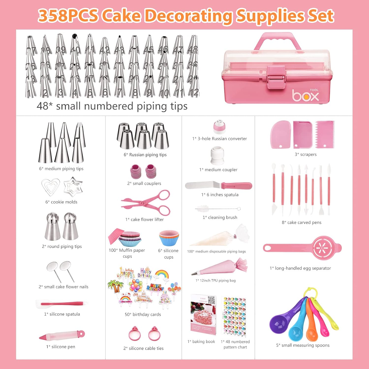 Cake Decorating Supplies Tools Kit: 358pcs Baking Accessories with Storage Case - Piping Bags and Icing Tips Set - Cupcake Cookie Frosting Fondant Bakery Set for Adults, Beginners or Professionals, Pink