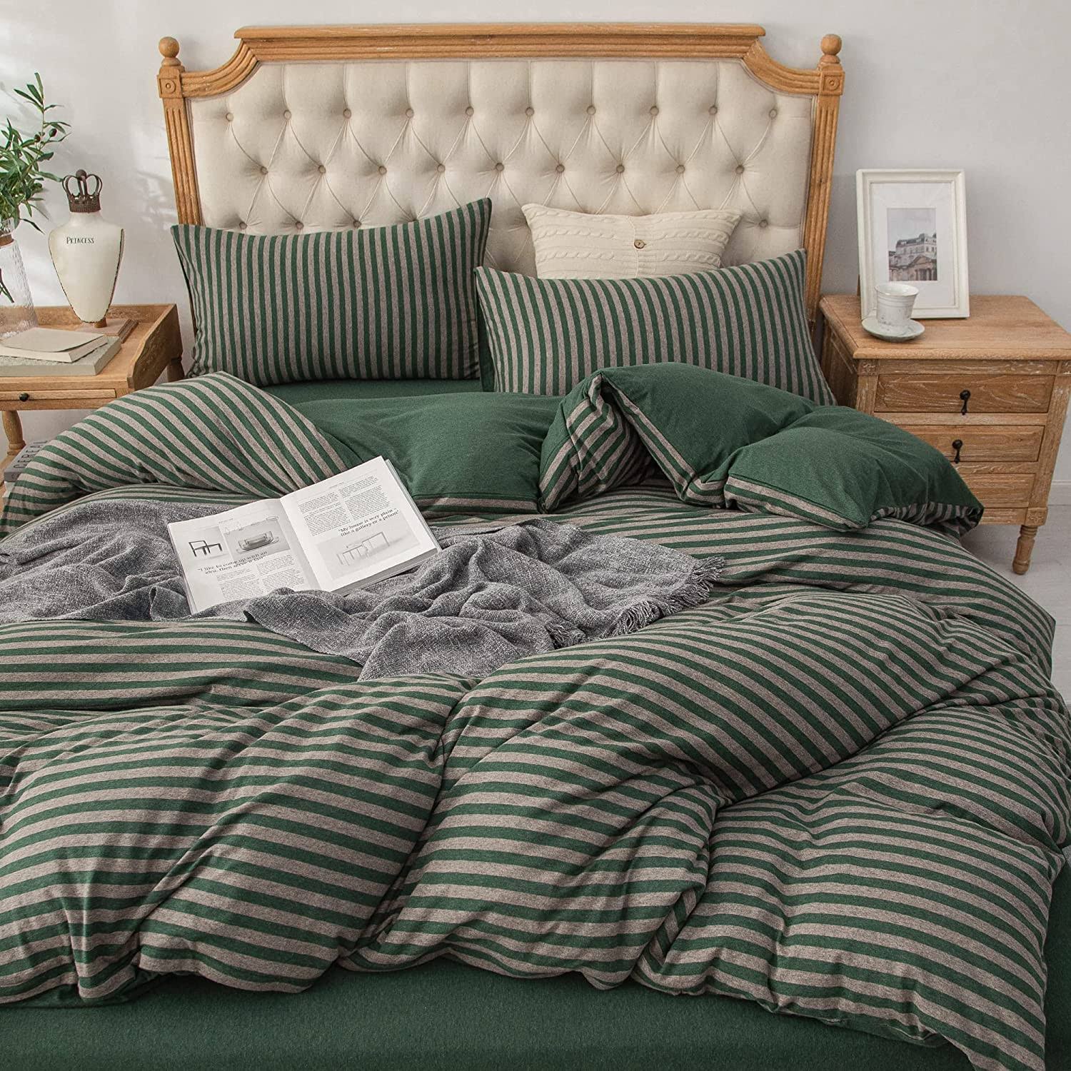 Pure Era Forest Green Stripe Reversible 100% Jersey Cotton Duvet Cover Bedding Set Soft Washable( Queen Size)