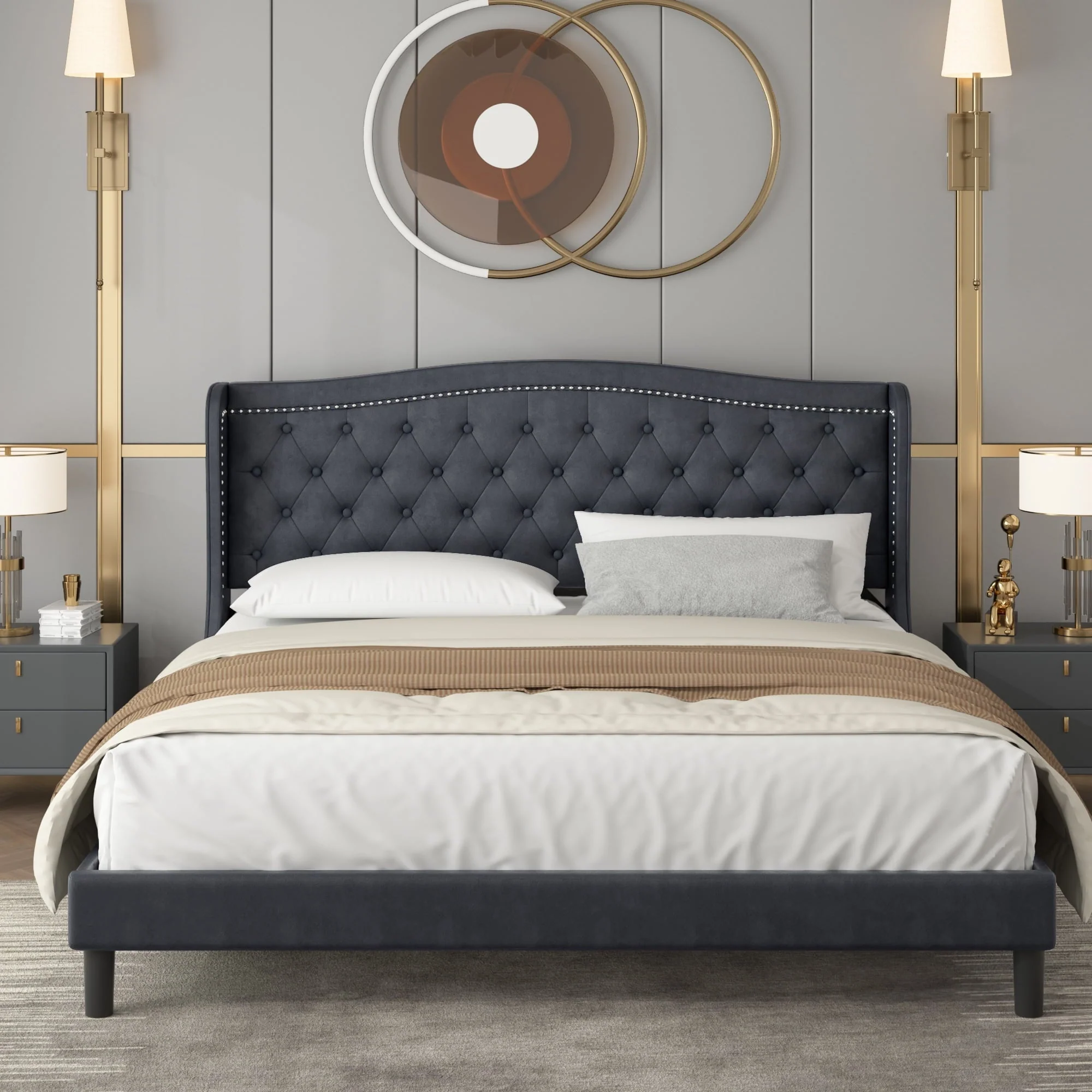 Homfa King Size Bed Frame, 6.3" H Modern Bed Frame with Wing-Back Button Tufted Upholstered Headboard Solid Wood Slats for Bedroom, Dark Gray(Full/Beige)