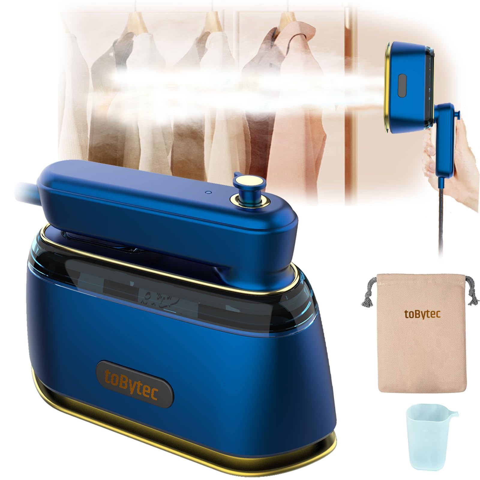 Tobytec Portable Mini Steam Iron Hand Held Steamer for Clothes Dry and Wet Handheld Ironing All in One for Home with Storage Bag and Cup, 120V 1000W
