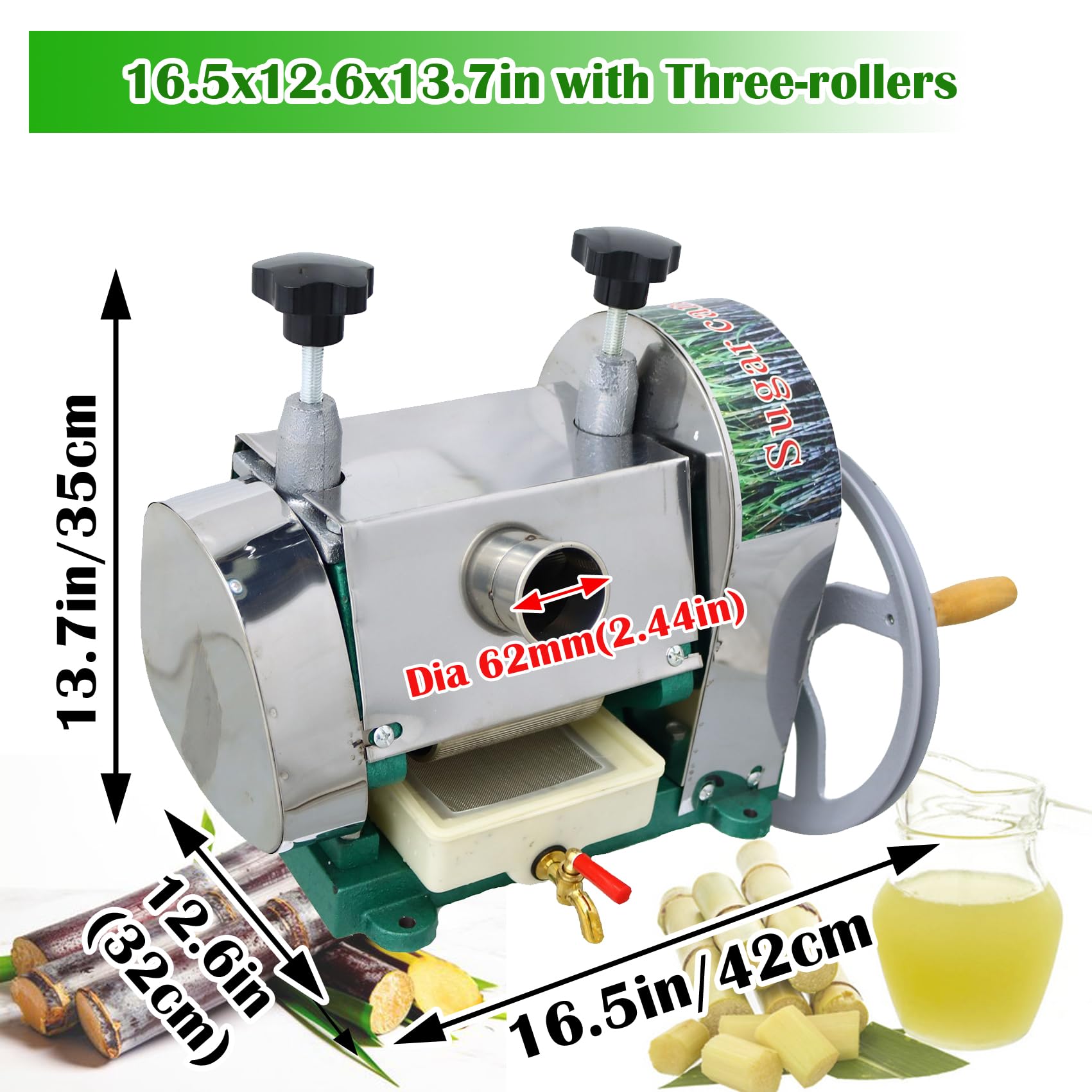 Manual Sugarcane Juicer, Manual Sugarcane Press Machine, with 3 Stainless Steel Rollers 330LBS/H High Output 2.4