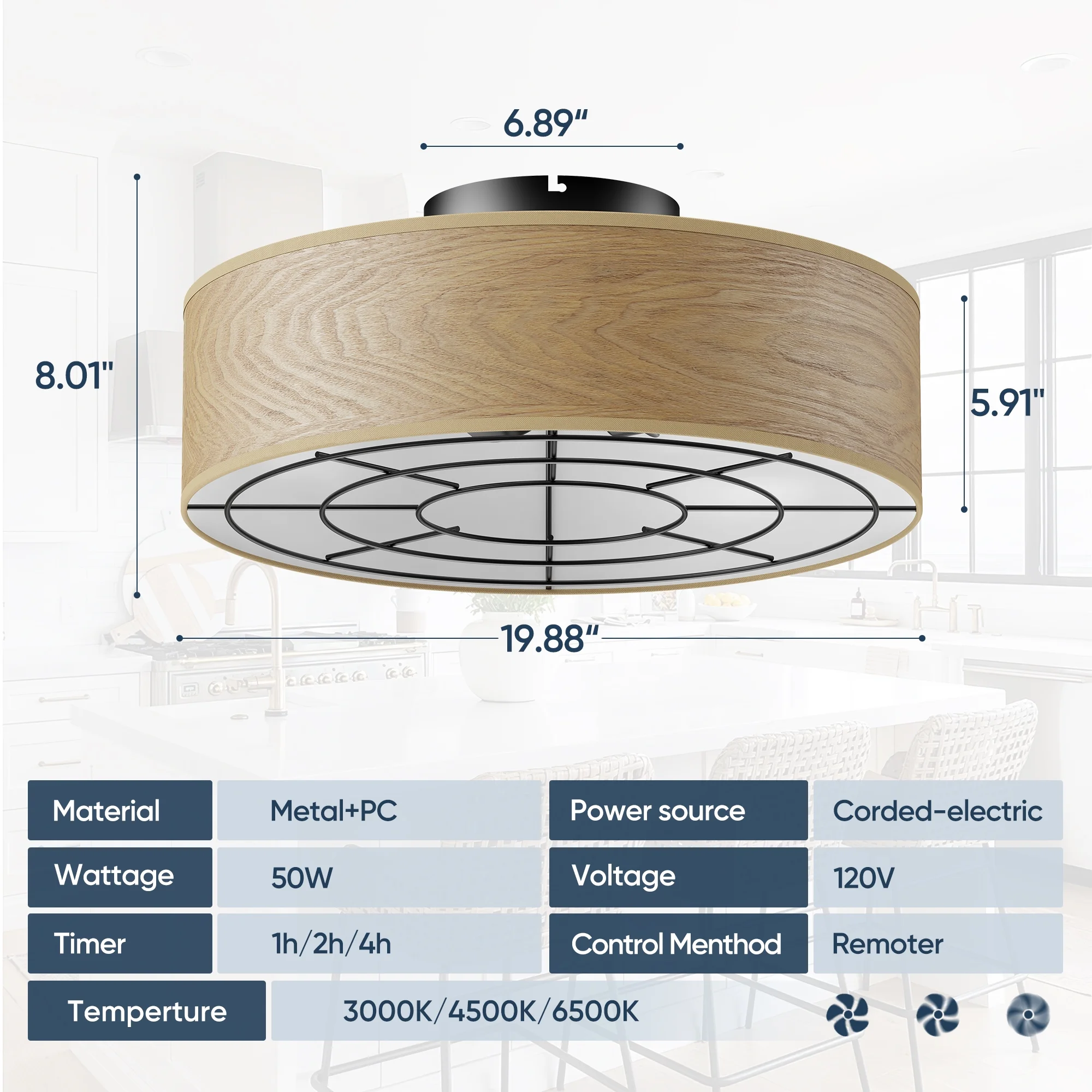 19.9" Ceiling Fan with 4 LED Bulbs Remote Control, Beige Farmhouse Rustic Style Indoor Ceiling Fan for Home & Kitchen