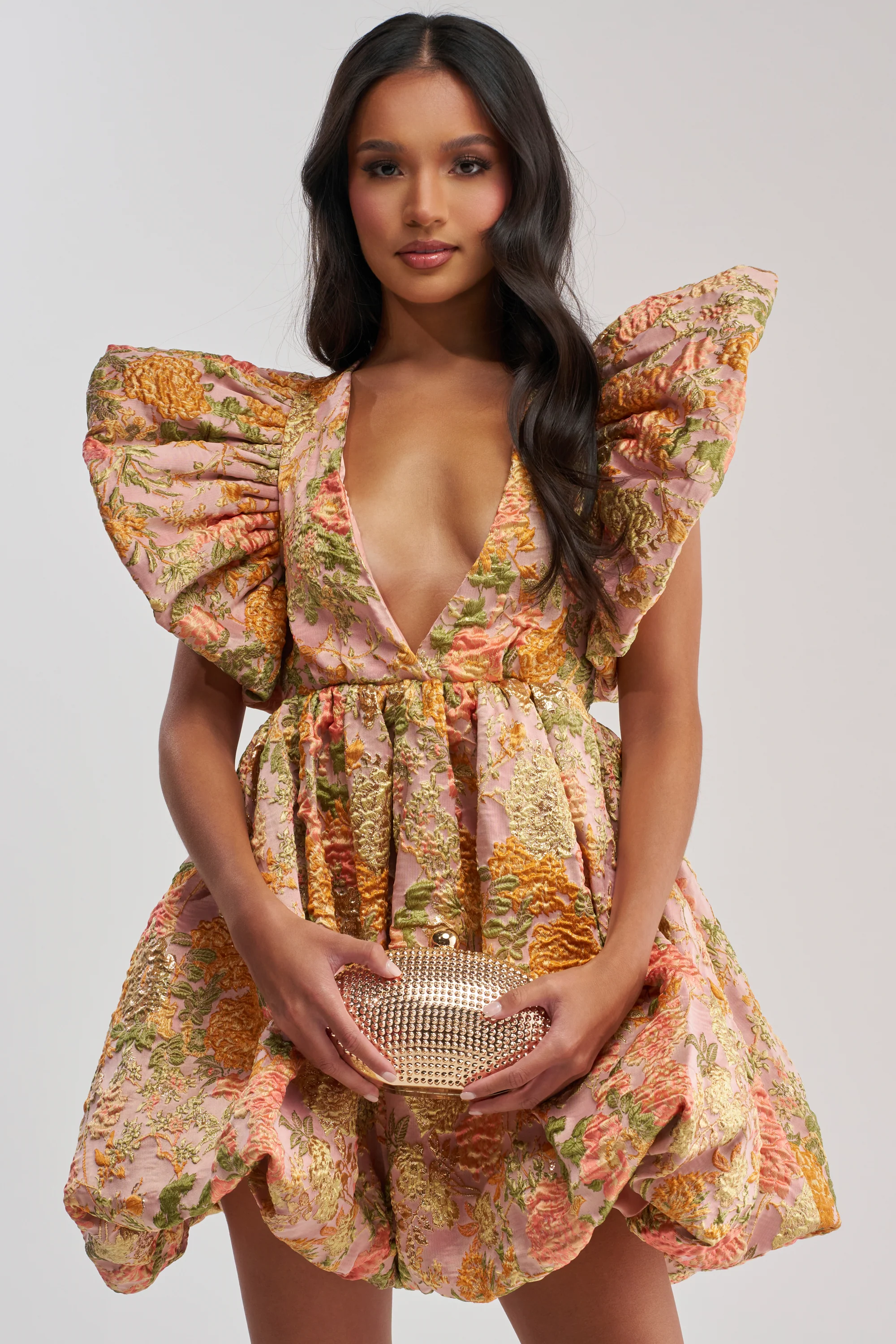 MAIN CHARACTER ENERGY BROCADE MINI DRESS IN PEACH - Akira Store
