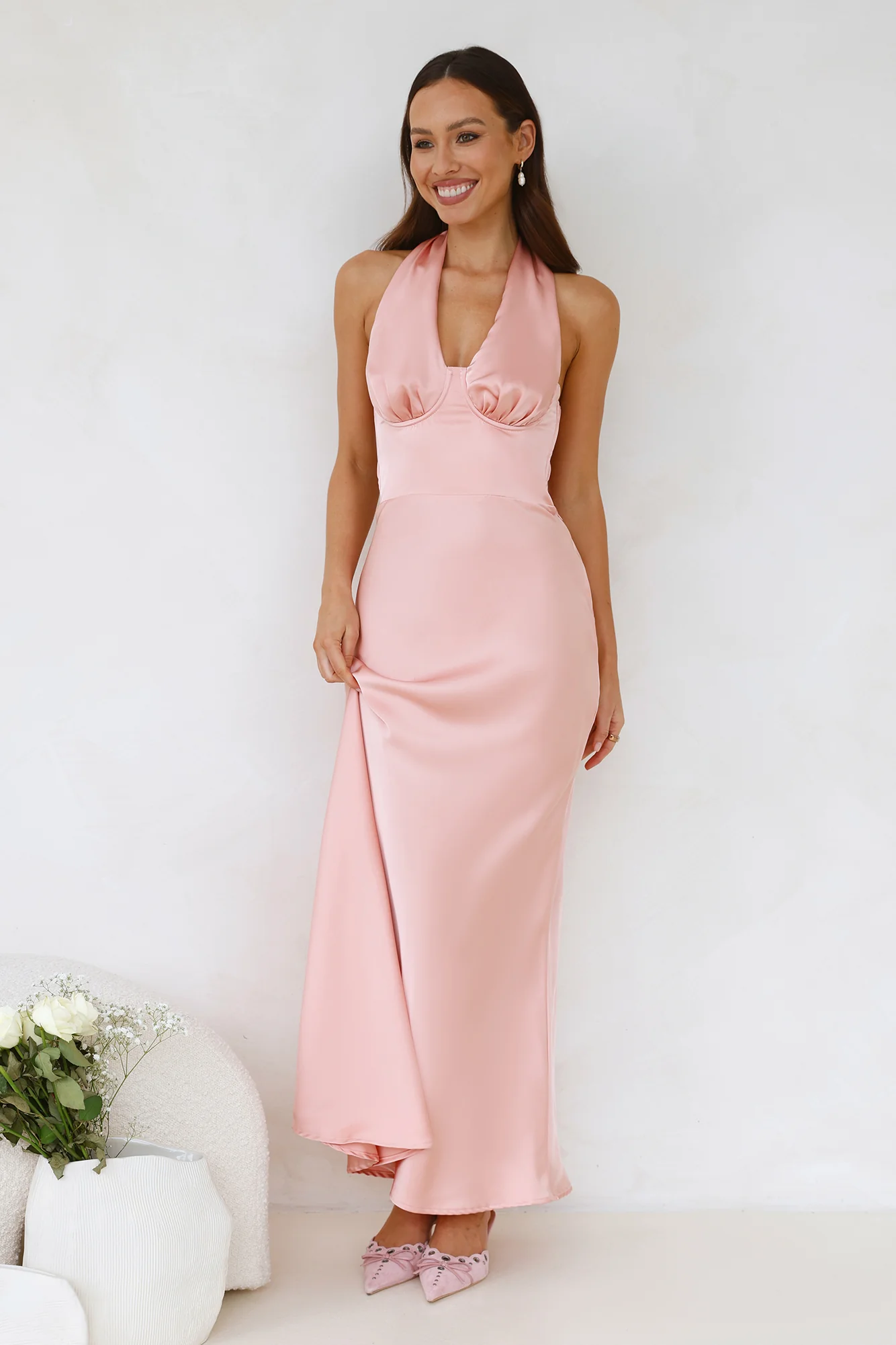 Socialite Events Halter Satin Maxi Dress Peach