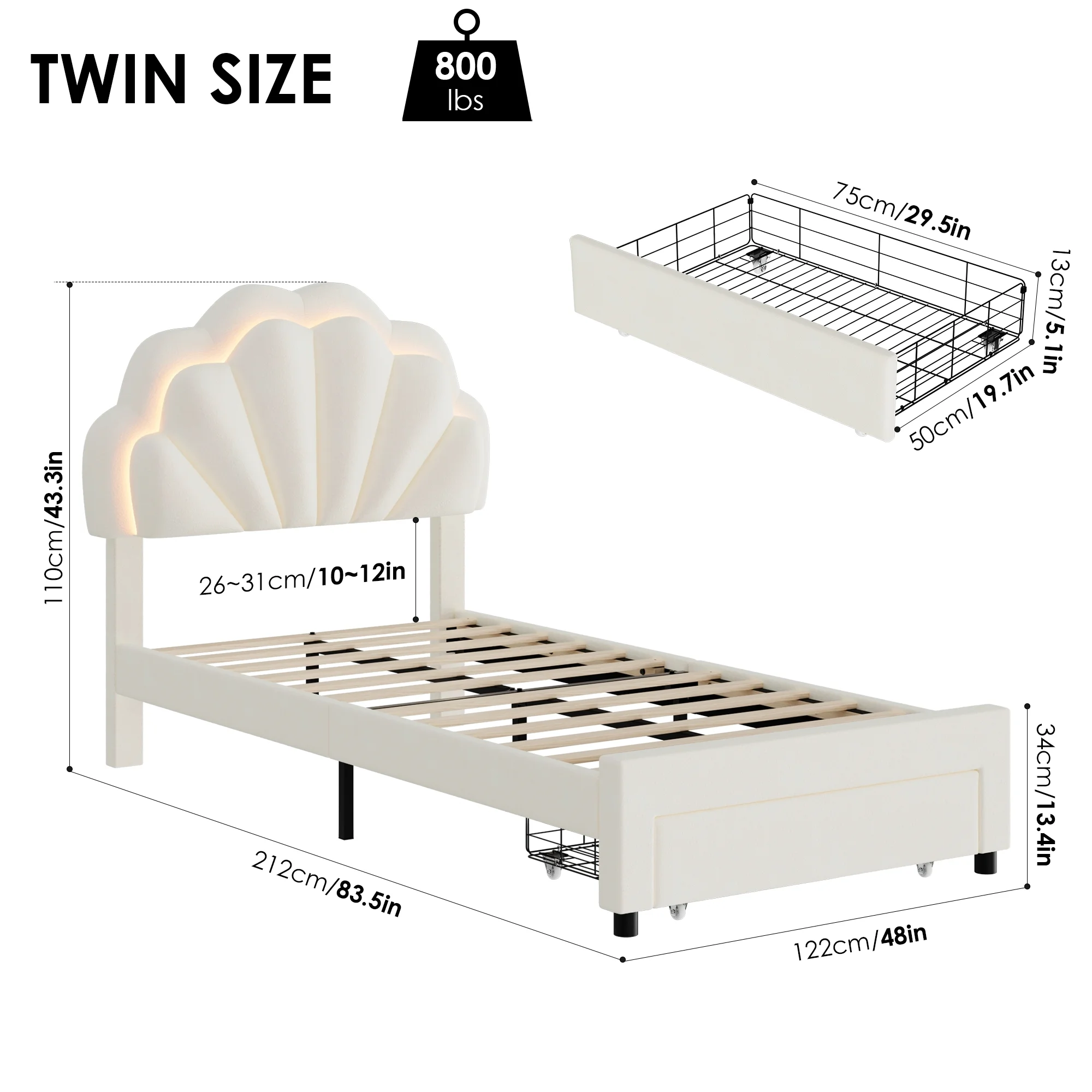 Twin Bed Frame with Storage LED Light, Velvet Upholstered Platform Twin Bed with Adjustable Petal Headboard, Beige(Twin/Beige) - Image 5