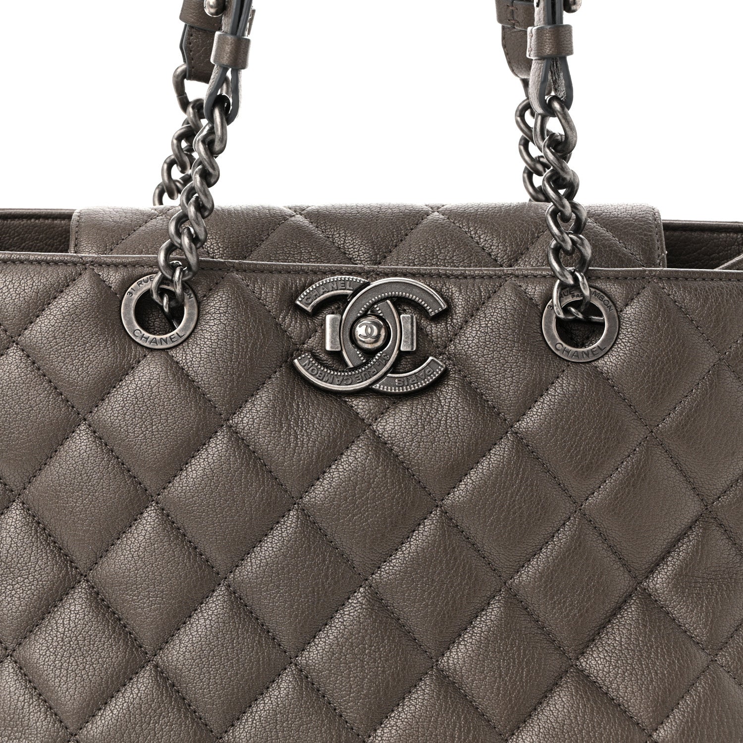 Metallic Goatskin Quilted Large City Rock Shopping Bag Silver