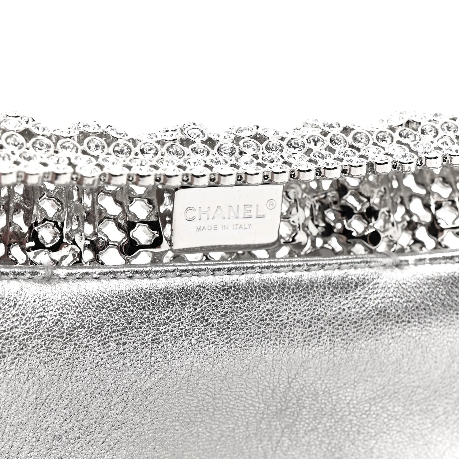 Crystal Embellished Metallic Lambskin Mini Chanel 22 Silver