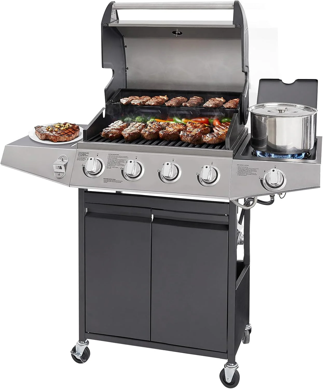 Barbecue à gaz propane Unovivy à 4 brûleurs avec brûleur latéral, barbecue portable avec bac à huile