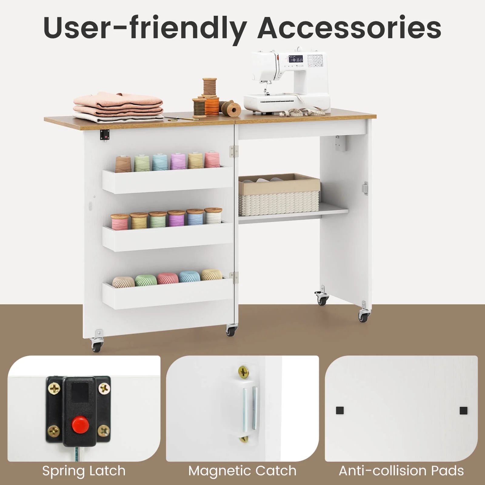 Folding Sewing Table Rolling Craft Station with 3 Storage Bins Charging Station White+natural(White+Natural) - Image 10