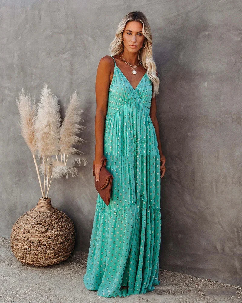Robe Maxi d'Été Verte Style Bohème Chic