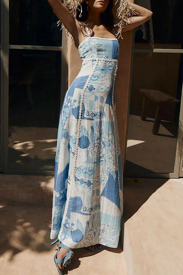 Sophie Paris | Robe Maxi à Nouer au Dos avec Galon Ric Rac et Imprimé Unique