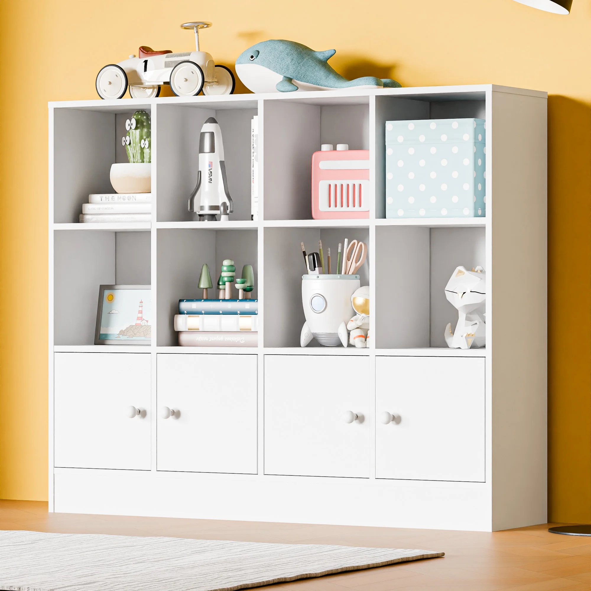 3-Tier Open Cube Bookcase with 12 Cubes and 4 Doors, Adjustable Shelves, White(White) - Image 8