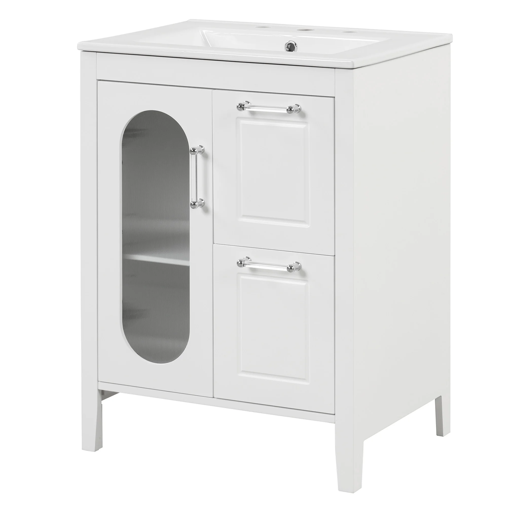 24" Bathroom Vanity with Ceramic Sink, Solid Wood Bathroom Makeup Cabinet with Door, Adjustable Shelf and 2 Drawer, Free Standing Single Basin Vanity Set for Small Bathroom, White(White) - Image 9