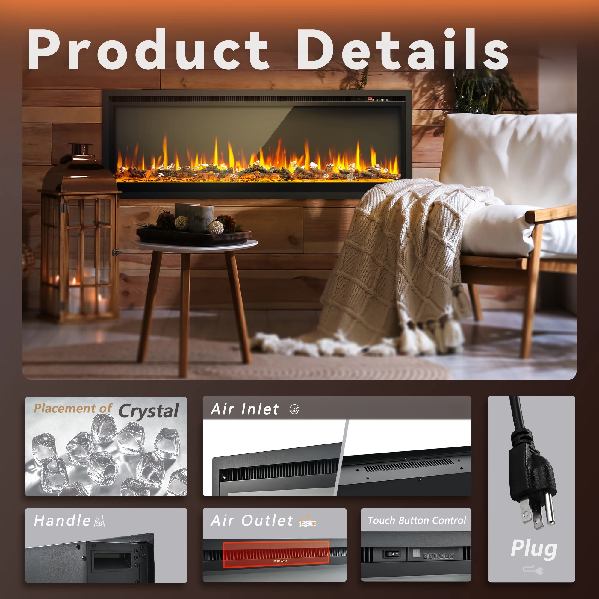 50 inch Indoor Electric Fireplace, Wall Mounted Recessed Freestanding Fireplace with Remote Control, Fireplace Heater with Adjustable Flame Color, Linear Fireplace with Timer(50") - Image 8