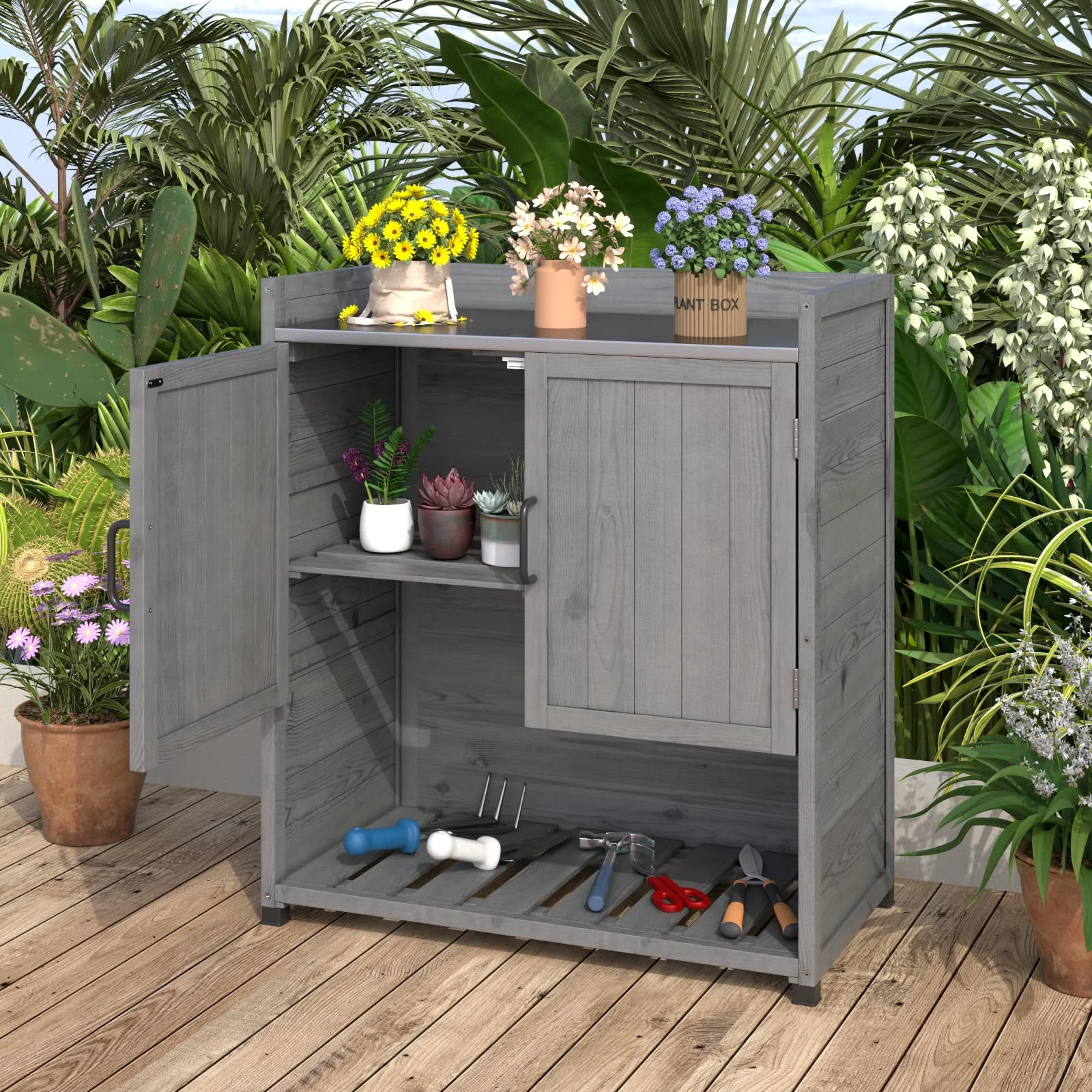 Potting Bench, Wooden Outdoor Storage Cabinet with Adjustable Shelf, Patio Storage with Metal Tabletop, Potting Table for Garden, Patio and Lawns, Gray(Gray) - Image 2