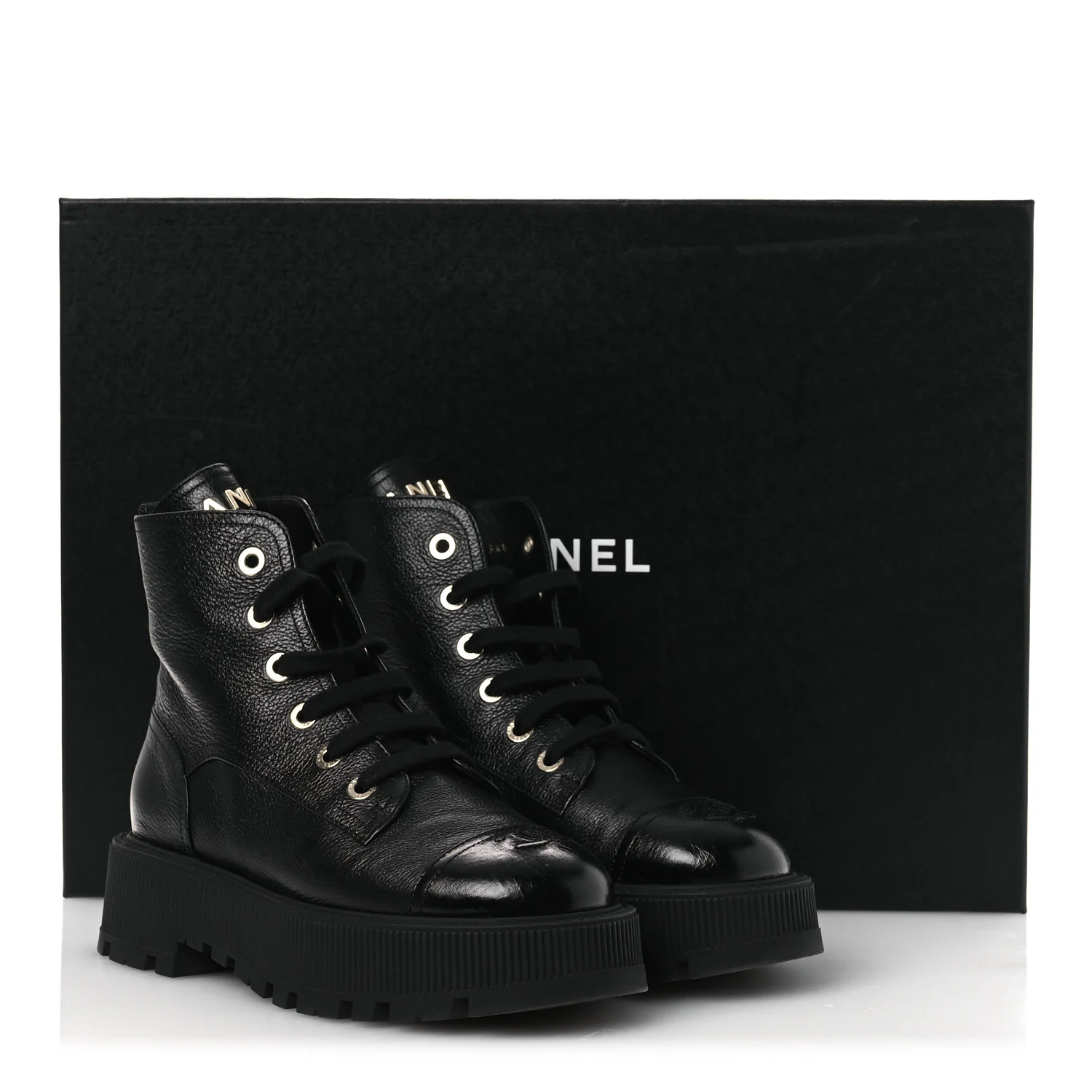 Grained Calfskin Shiny Calfskin CC Lace Up Combat Boots 38.5 Black